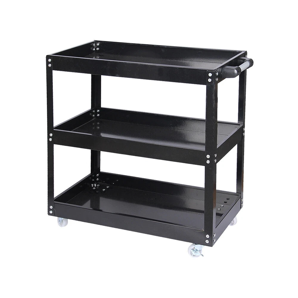 Tool Storage Heavy Duty Durable Garage Trolley Workshop 3 Tier Wheel Cart Shelf | Black