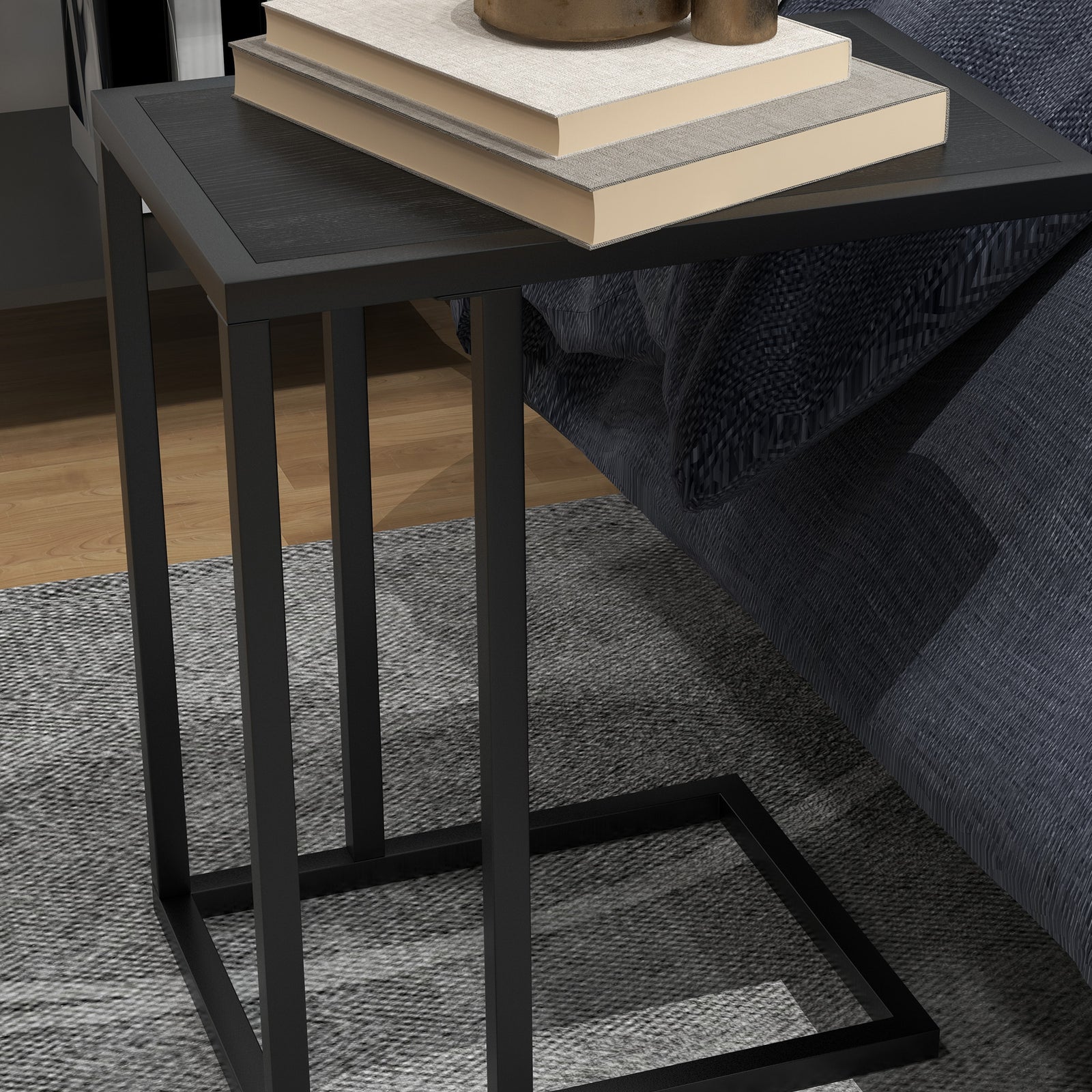 C Shape Side Table W/ Wood-effect Top | Jet Black