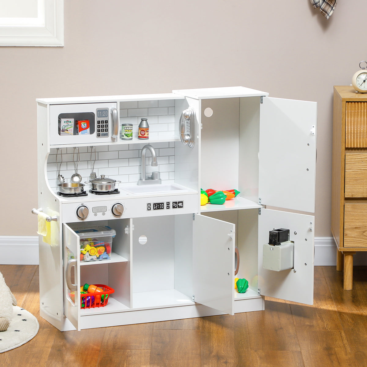 AIYAPLAY Play Kitchen, Pretend Toy Kitchen With Toy Phone, Chalkboard, White