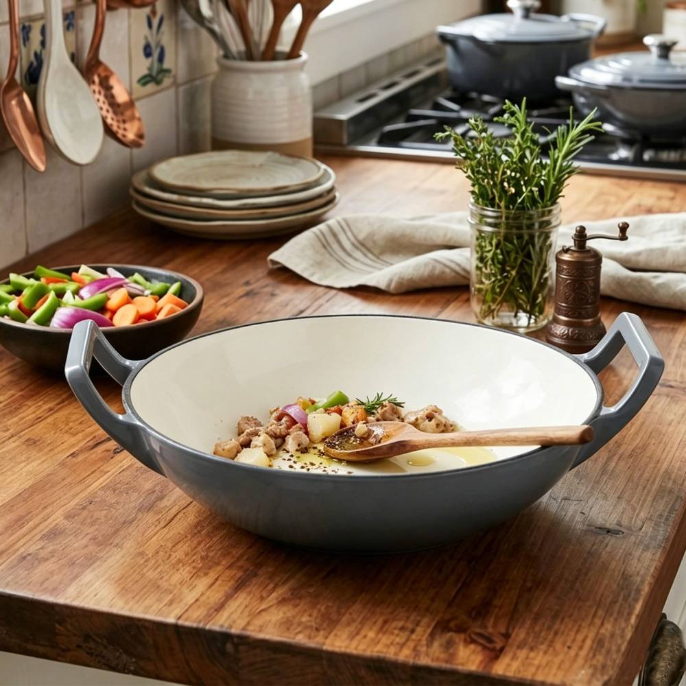 30cm Diameter Diameter Enamelled Cast Iron Stir-fry Pan Wok With Side Handles | Green