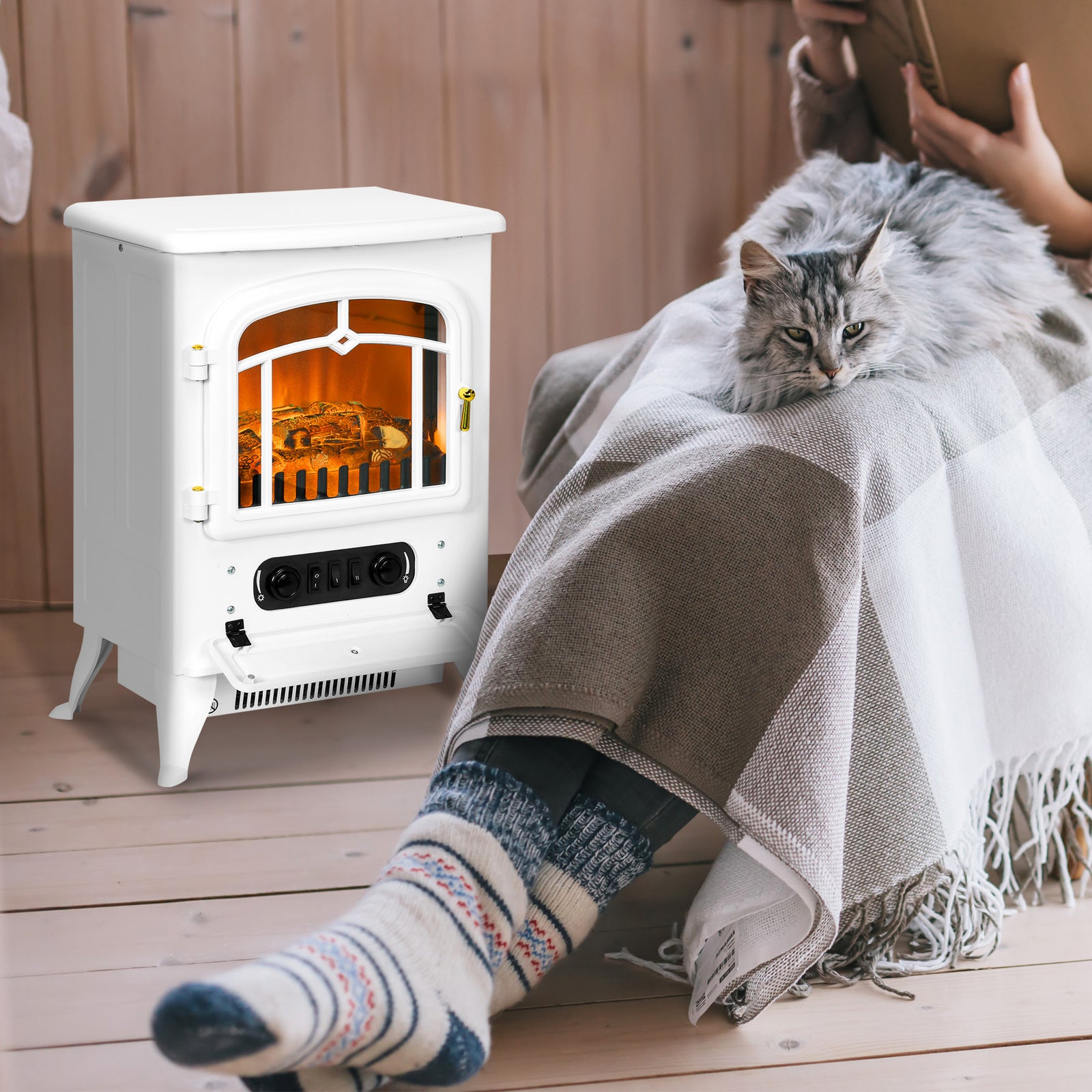 Fireplace Stove Heater Log Burning Flame Electric 950/1850w | One Size | White