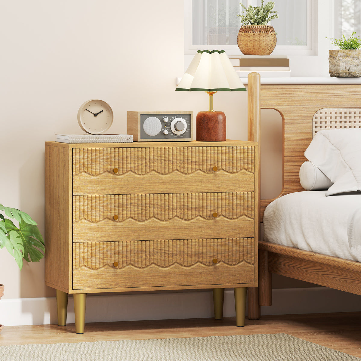 HOMCOM Chest Of Drawers, 3 Drawer Dresser Steel Legs And Wooden Top, Oak