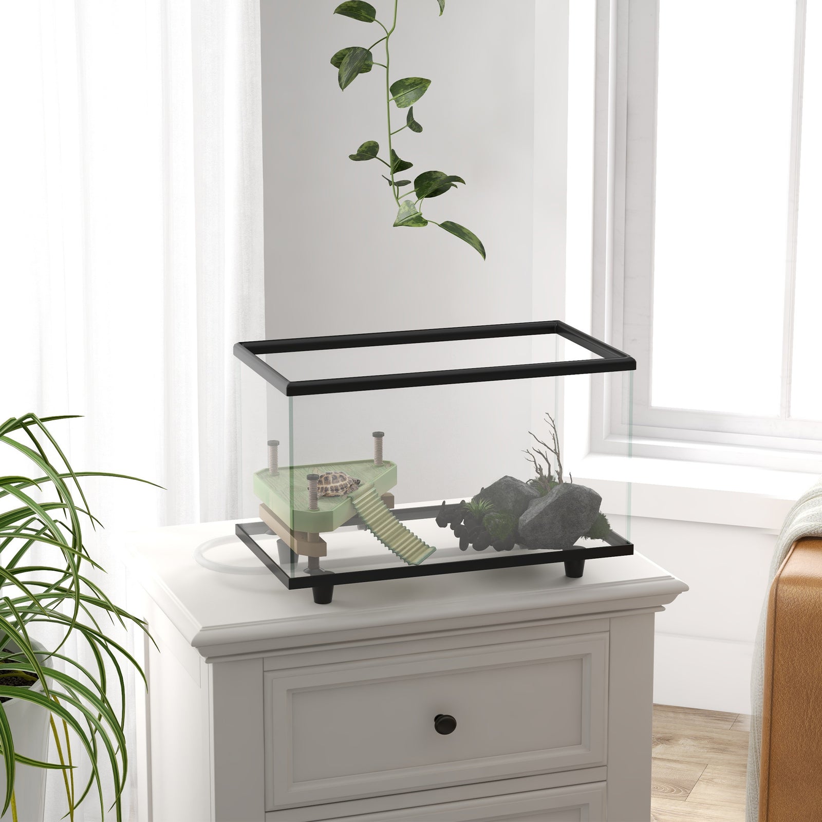 Turtle Tank 28l/50l Glass Turtle Aquarium W/ Easy Drainage, 45 X 25 X 29cm | Black