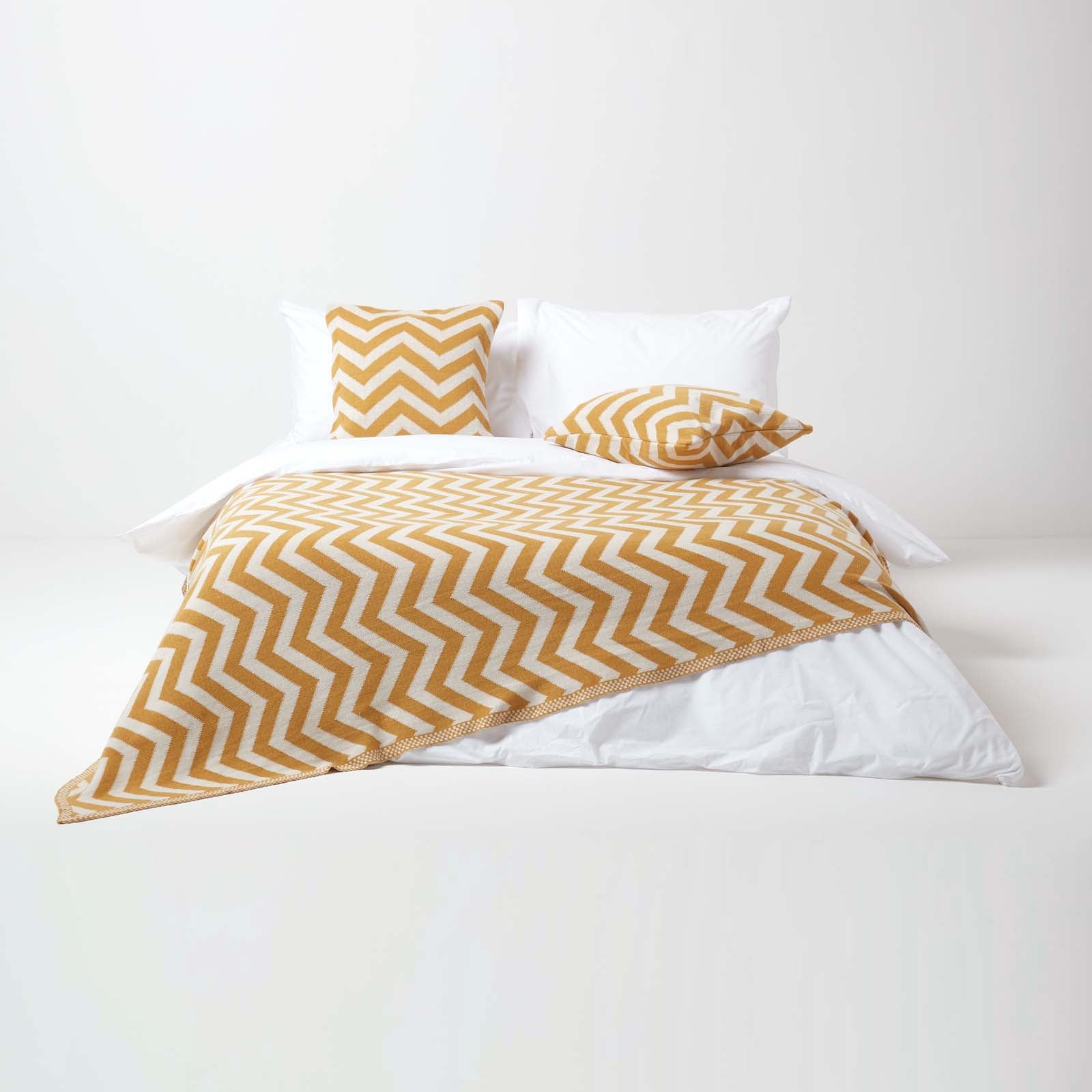 Chevron Herringbone Cotton Knitted Throw | 130cm x 170cm | Mustard