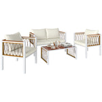 4 Seater Rattan Garden Furniture Set With Metal Frame, Cream White
