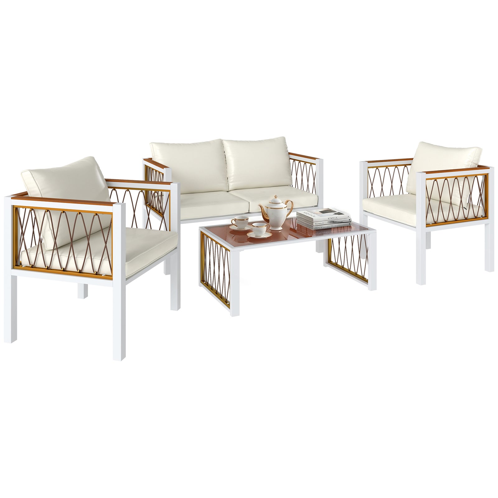 4 Seater Rattan Garden Furniture Set With Metal Frame, Cream White