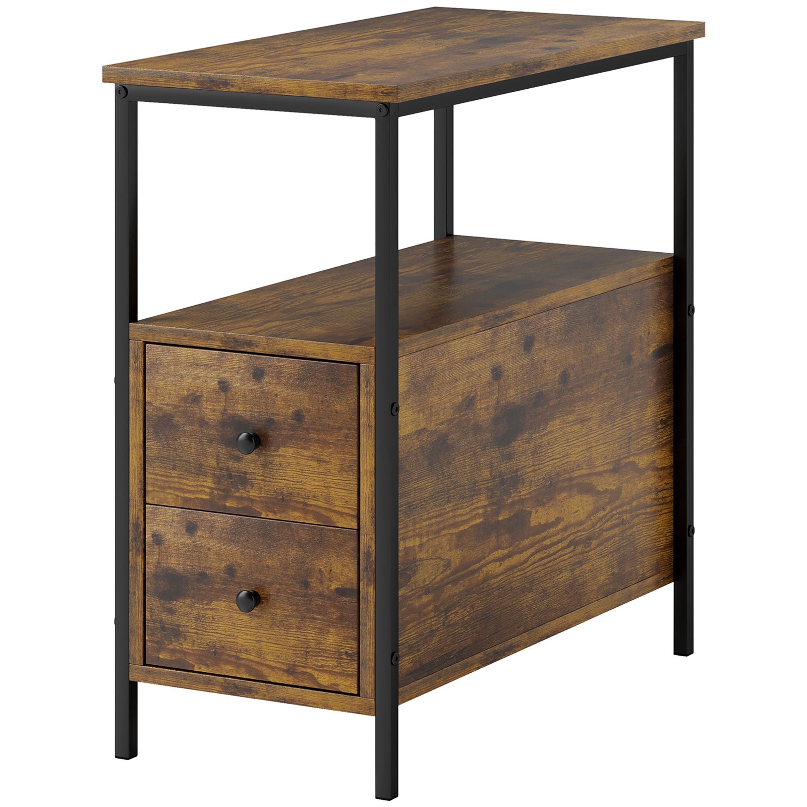 Slim Side Table End Table With 2 Drawers & Storage Shelf | Brown