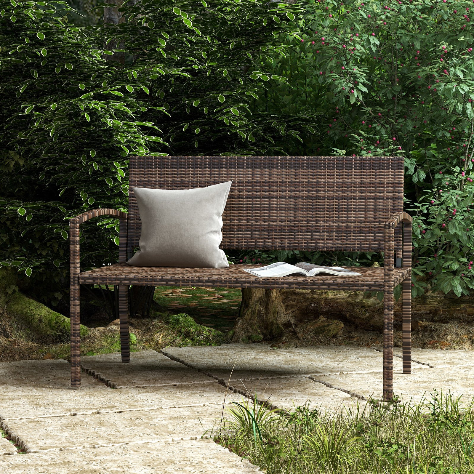 Patio Rattan 2 Seater Garden Bench Love Seat Garden Armchair Brown | Brown