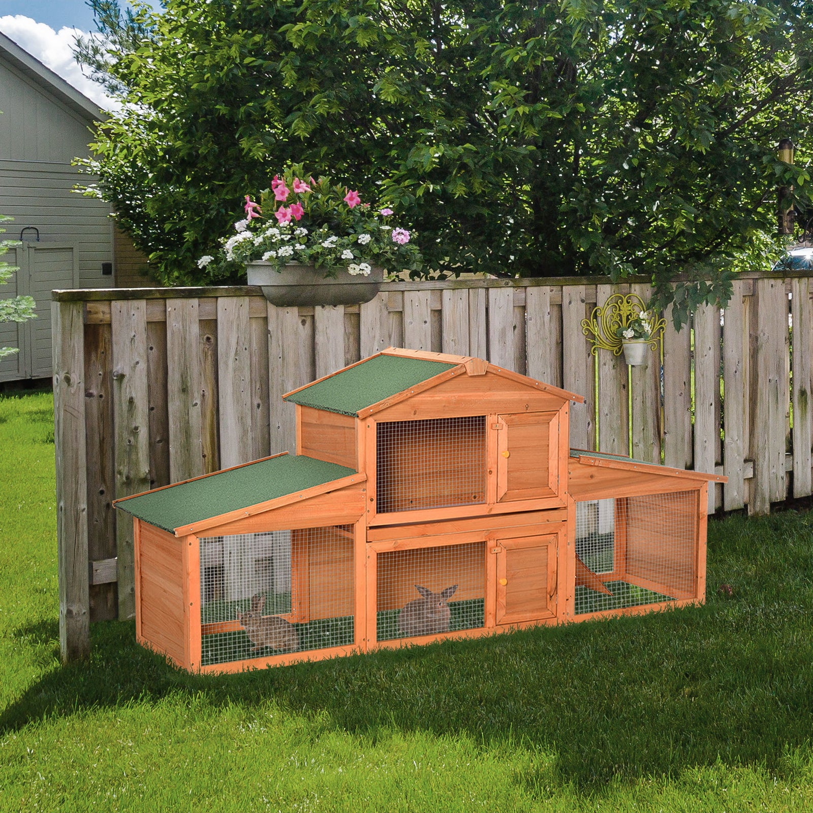 Deluxe Fir Wood Rabbit Hutch 2-tier Metal Guinea Pig Small Animal House