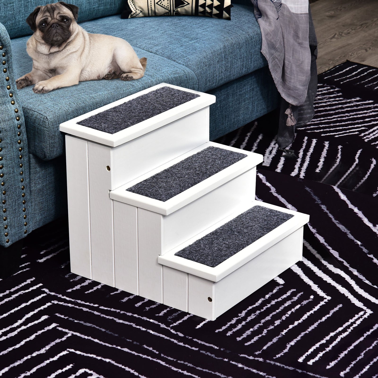 3 Step Wooden Dog Steps Pet Stairs Cat Ladder For Bed With Storage | White