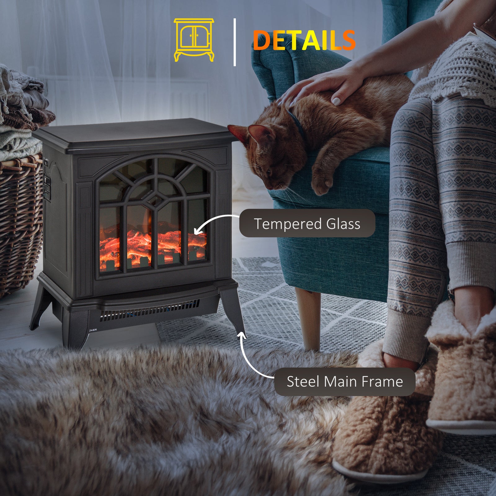 Freestanding Electric Fireplace Heater With Led Flame
