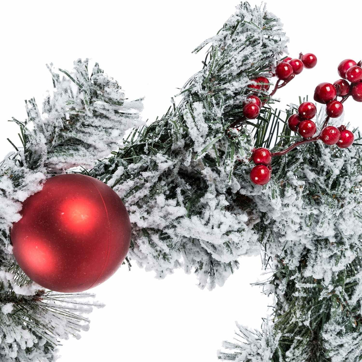HOMESCAPES Frosted Large Artificial Fir Branch Christmas Wreath With Red Baubles, 19 Inch