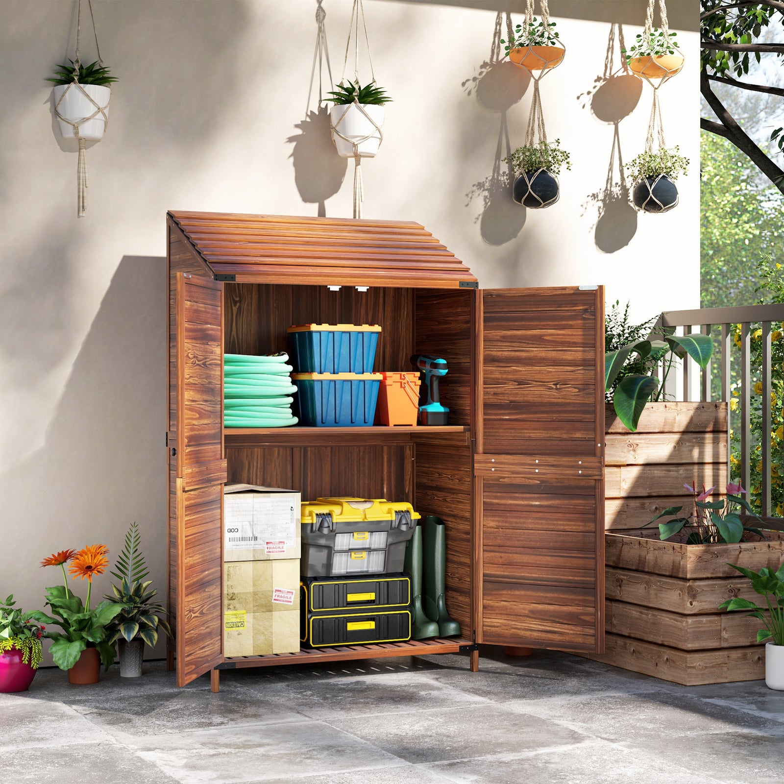 Wooden Garden Storage Shed W/double Doors And Shelves | Brown