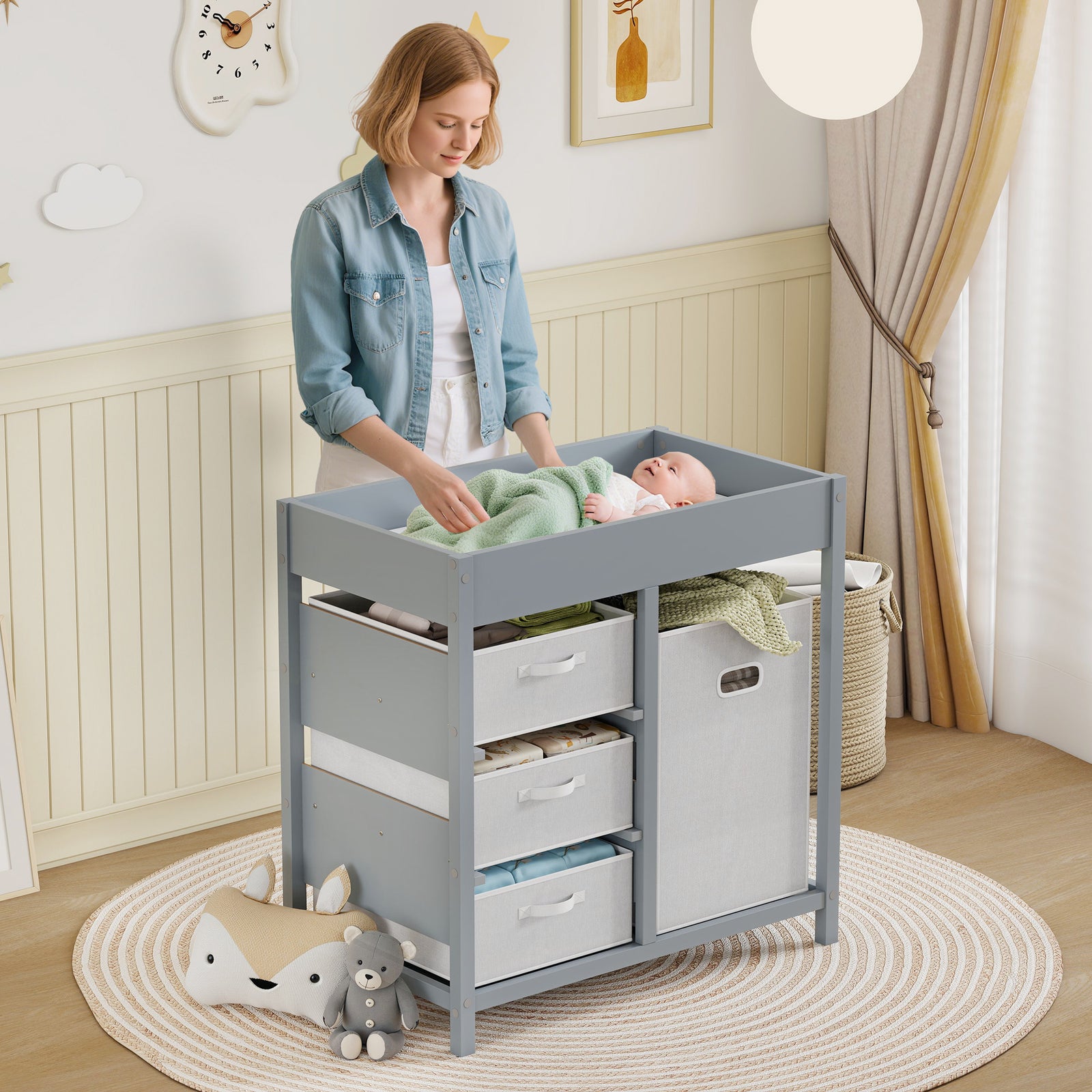 Baby Changing Unit With 4 Drawers, Diaper Changing Table | Grey