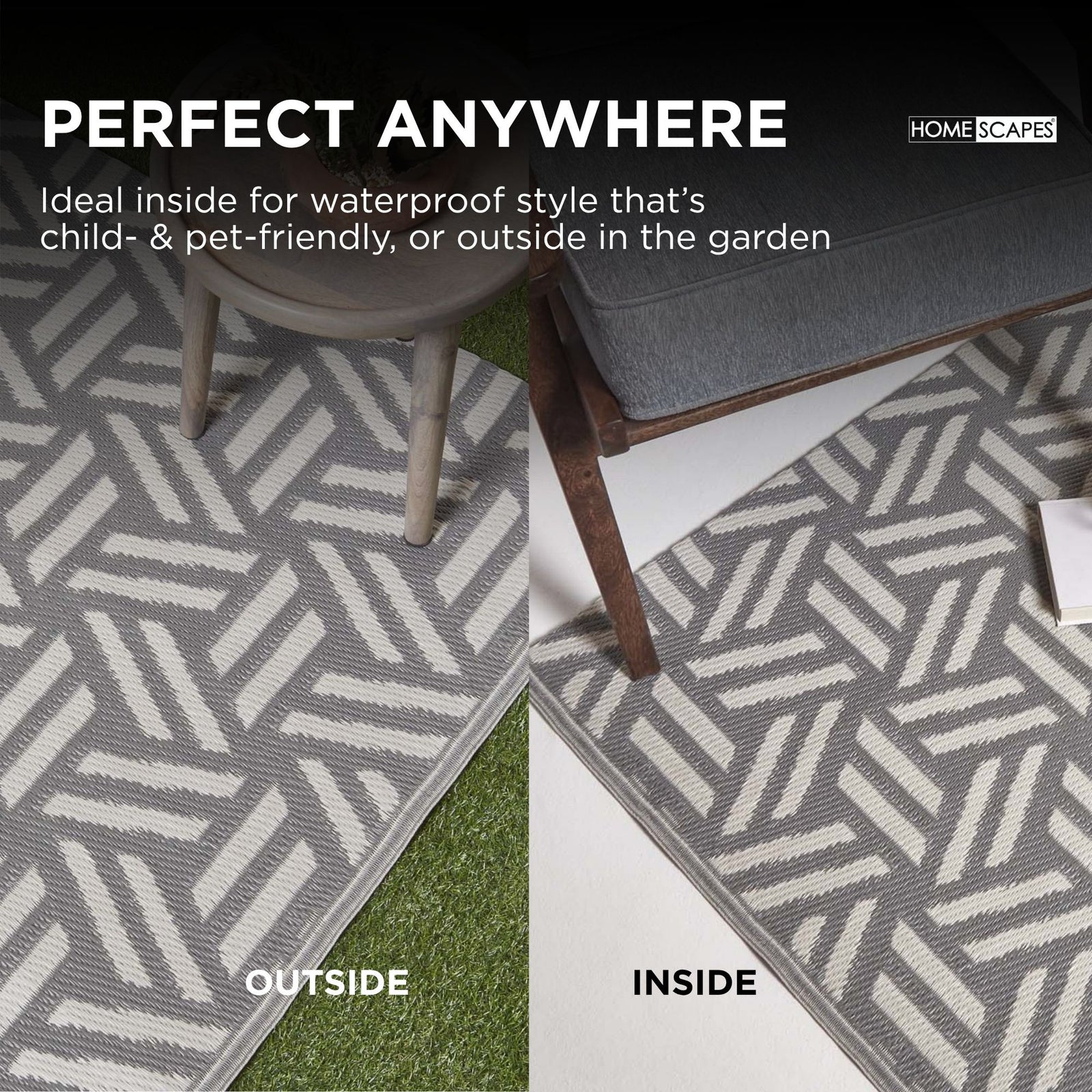 Luxury Outdoor Rug Waterproof Reversible For Garden Patio 100% Recycled, Grey Luna Geometric | 180cm x 270cm | Grey