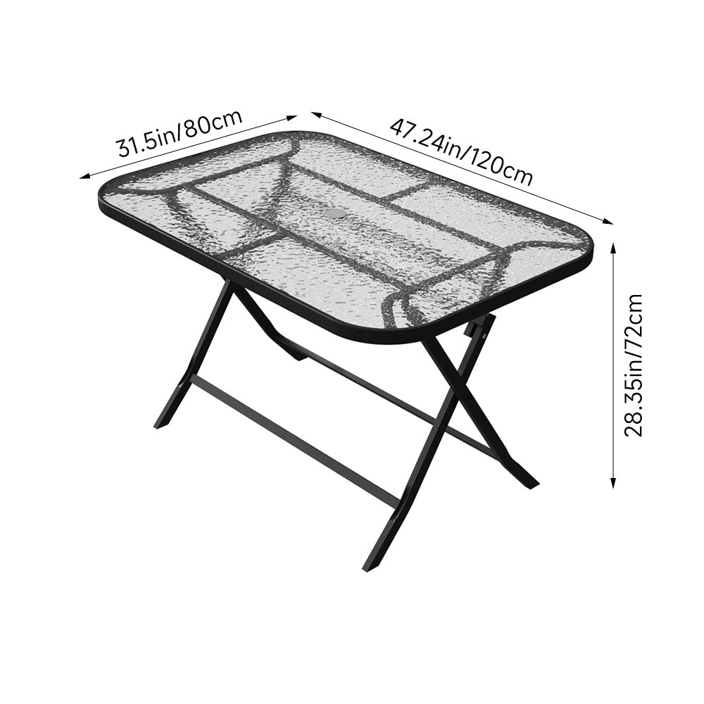 Outdoor Folding Patio Table With Black Frame & Water Ripple Tempered Glass Top,120m W X 80cm D X 72cm H
