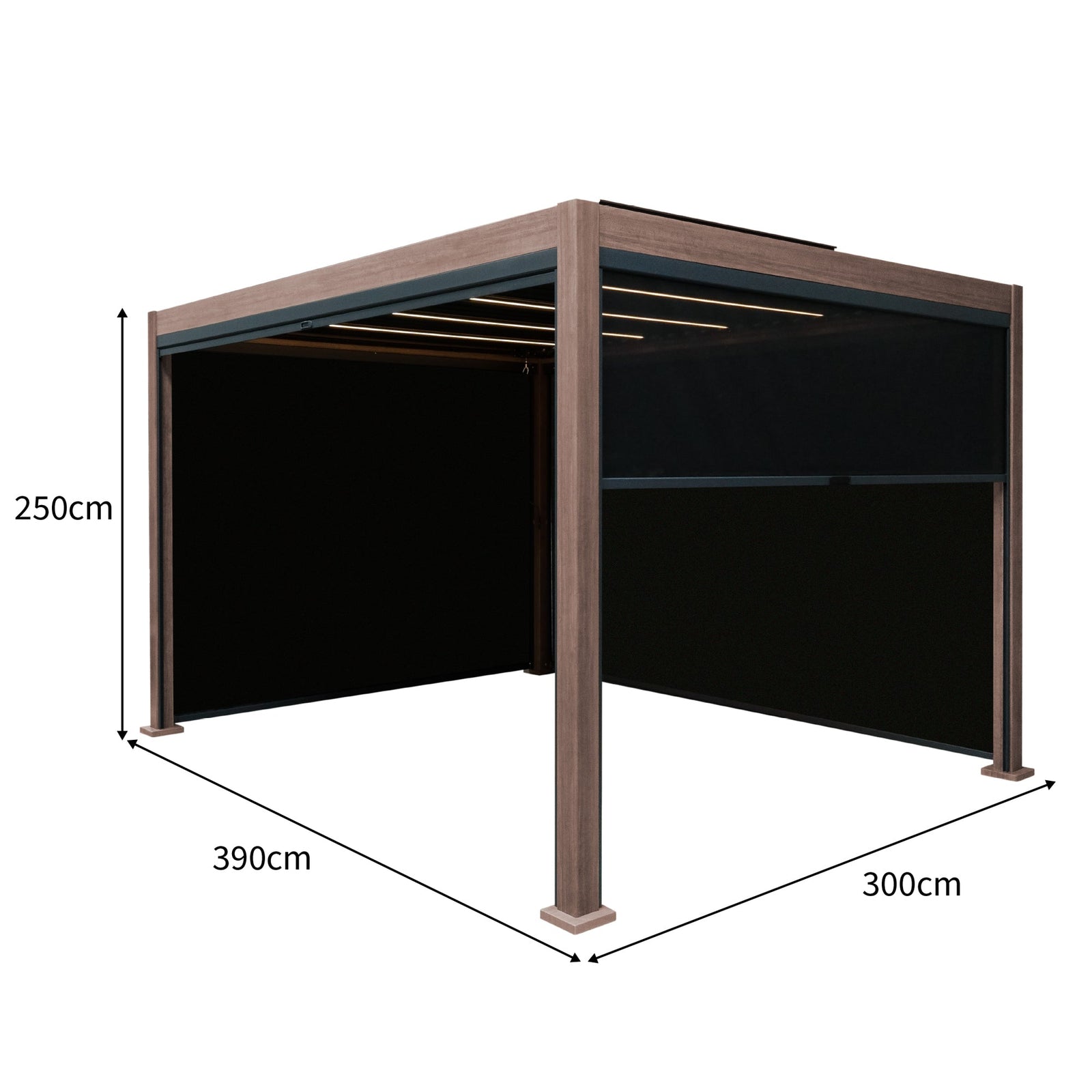 Wood Effect Aluminium Pergola With Blinds & Led Lights | 4m x 3m | Brown