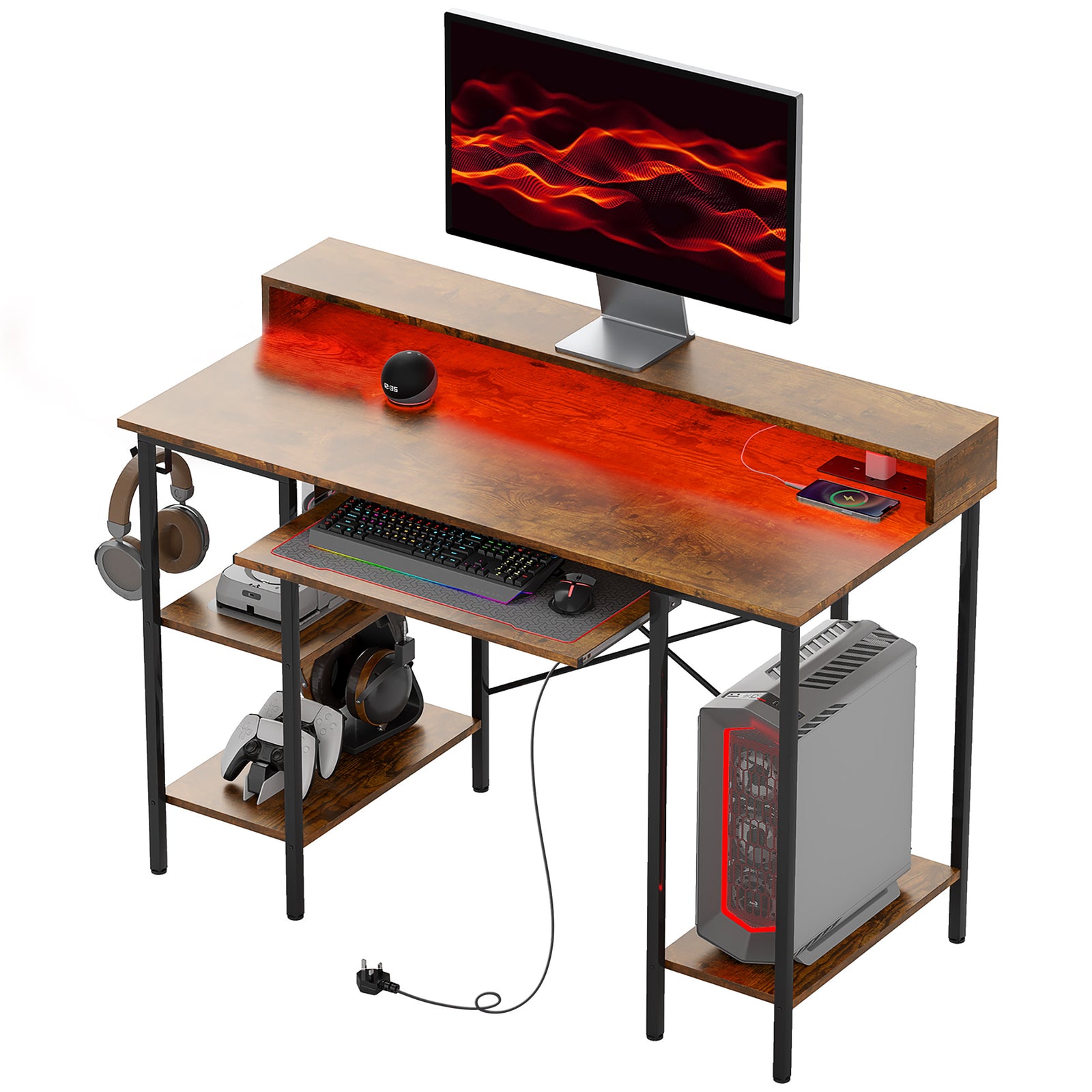 Gaming Desk With Monitor Stand And Sliding Keyboard Tray | Brown