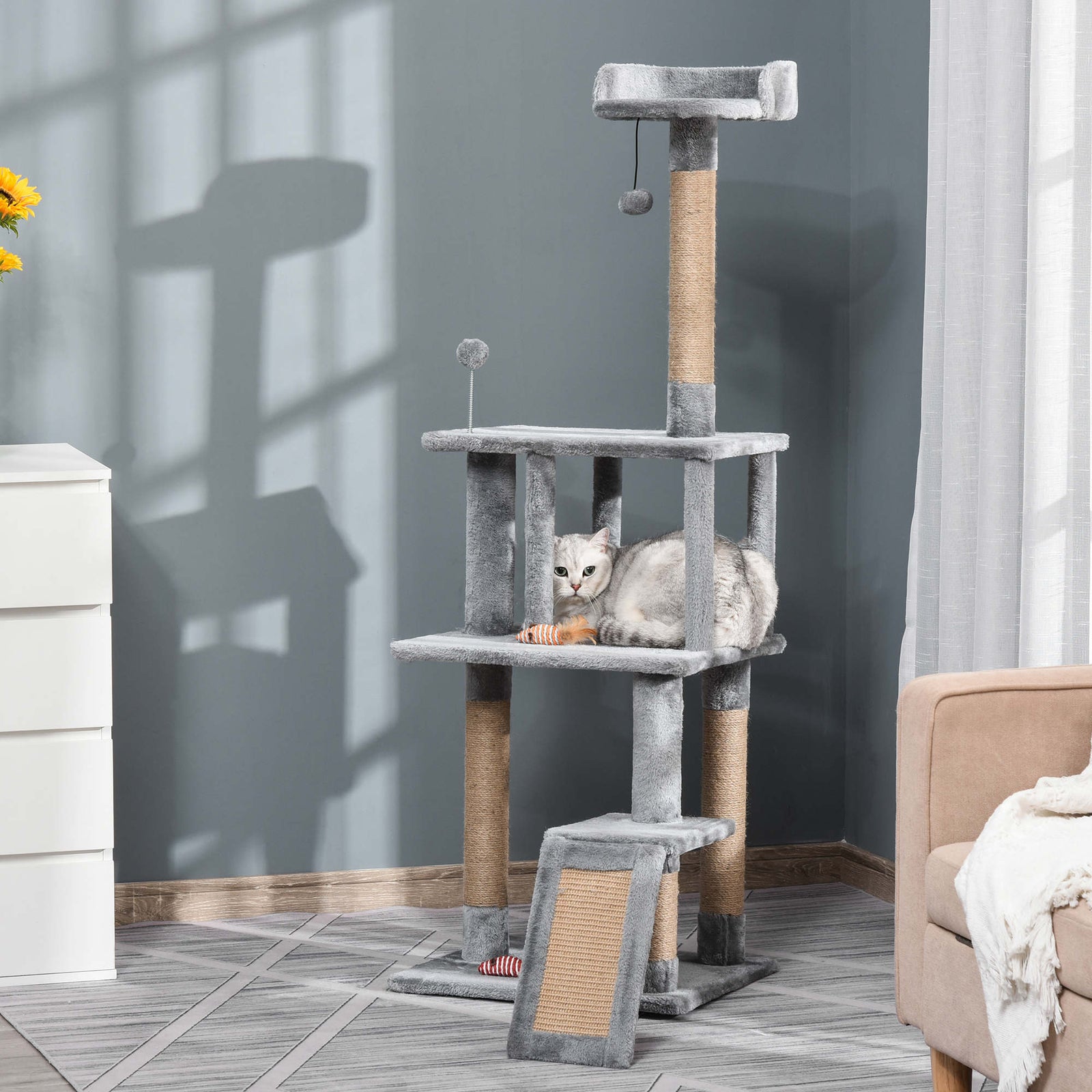 Cat Tree Tower Climbing  Activity Center With Jute Scratching Post, Grey