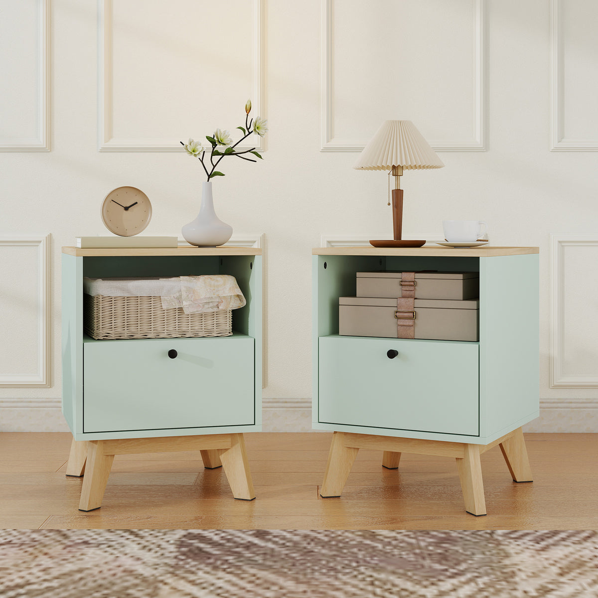 HOMCOM Modern Nightstand Set Of 2, Bedside Table With Drawer And Open Shelf