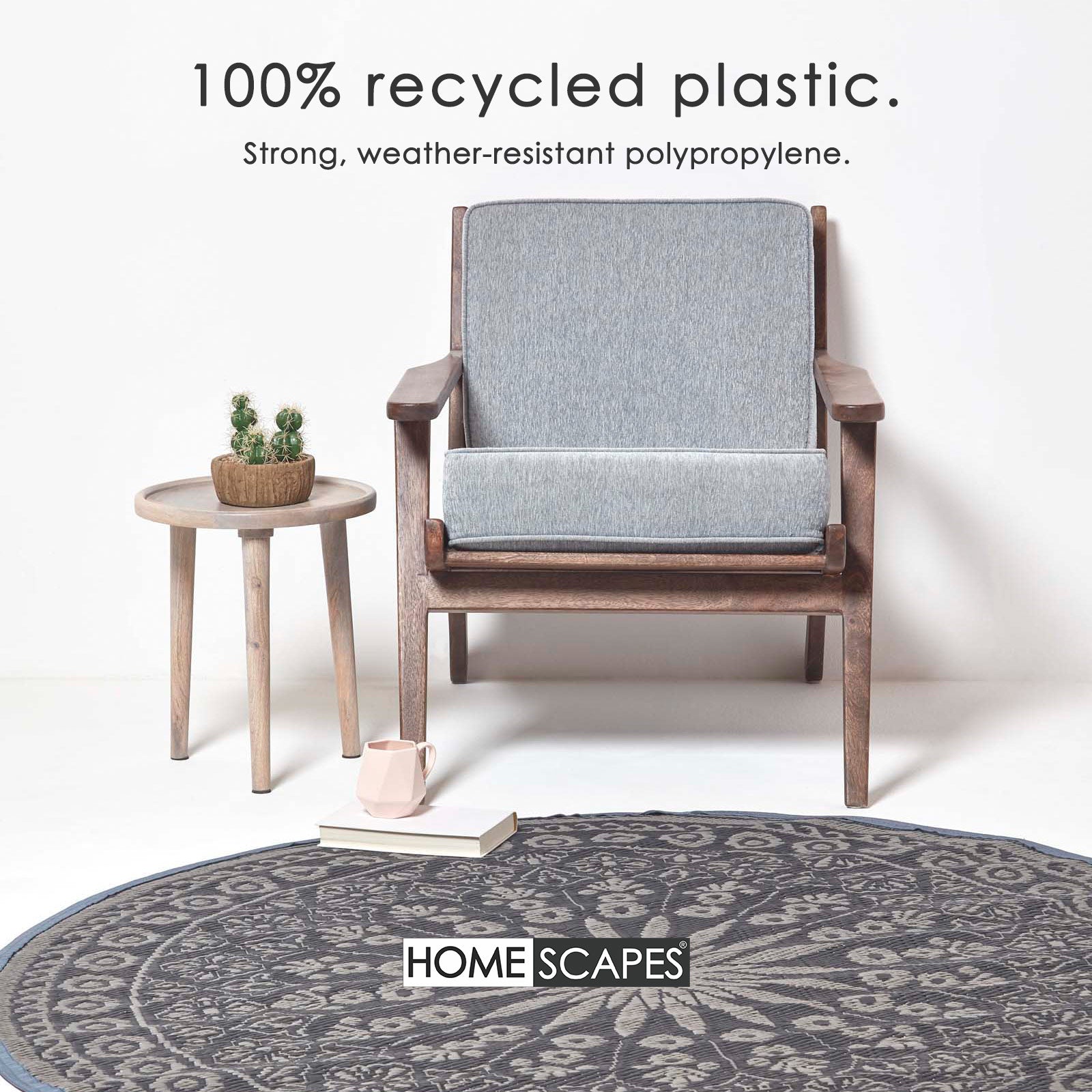 Luxury Outdoor Rug Waterproof Reversible Round For Garden Patio, Black Mandala