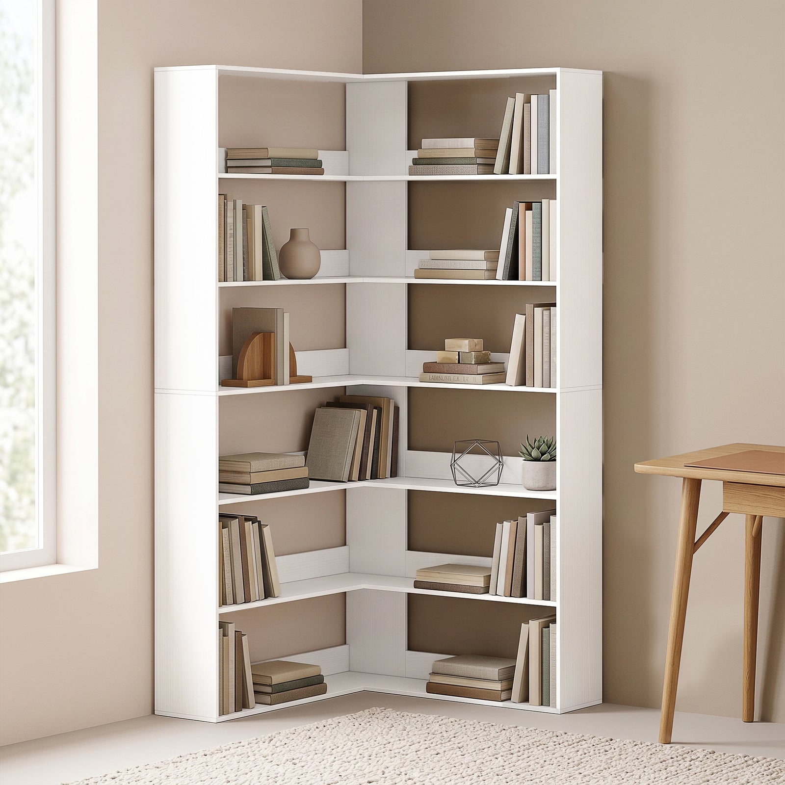 7 Tiers Corner Bookshelf, L-shaped | White