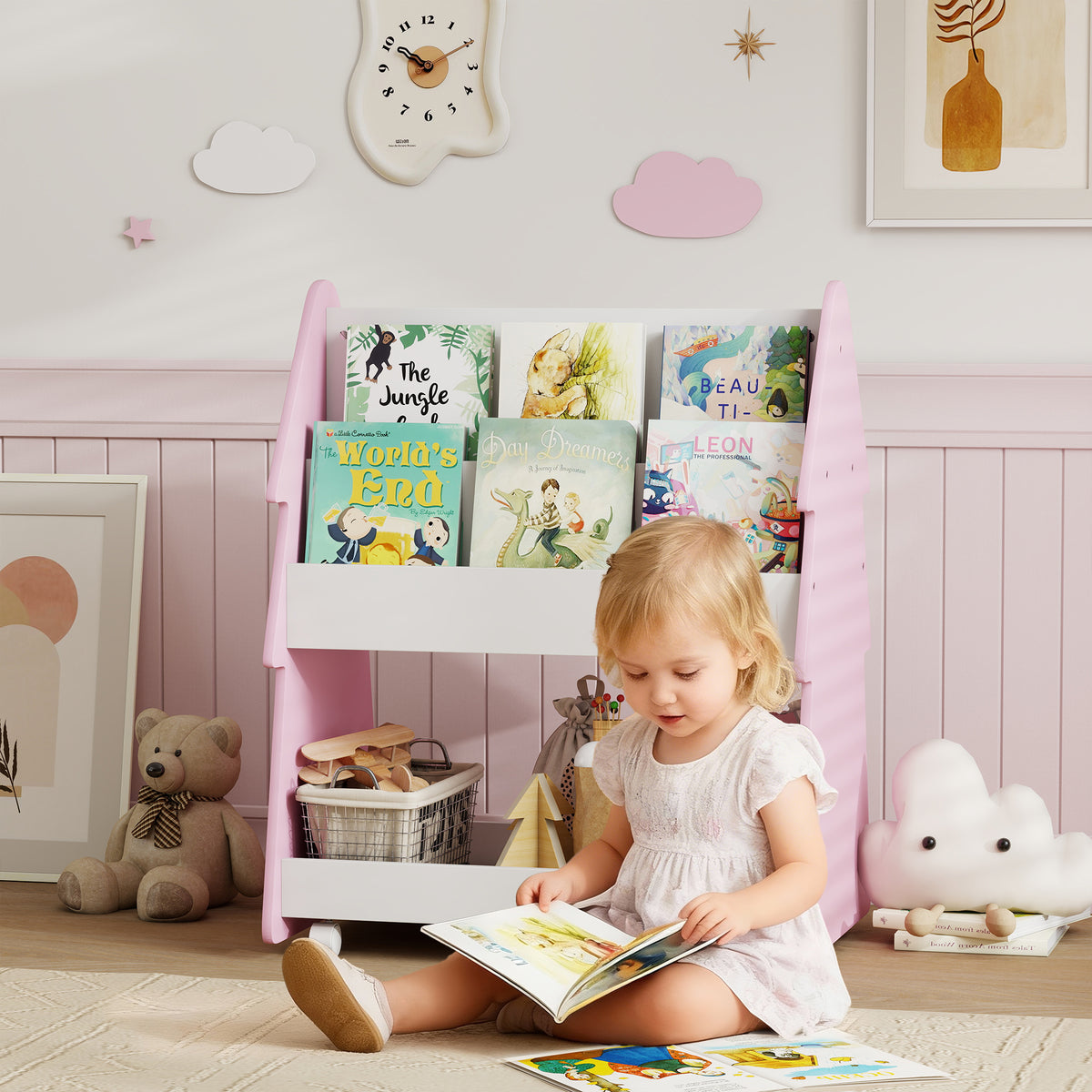 AIYAPLAY Double-sided Children's Bookcase With Wheels For Playroom, Pink