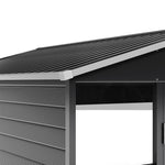 8.08 ft x 8.53 ft Durable Charcoal Steel Garden Tool Shed with Windows, Ventilation, and Shelving – Spacious, Secure Storage for Outdoor Equipment