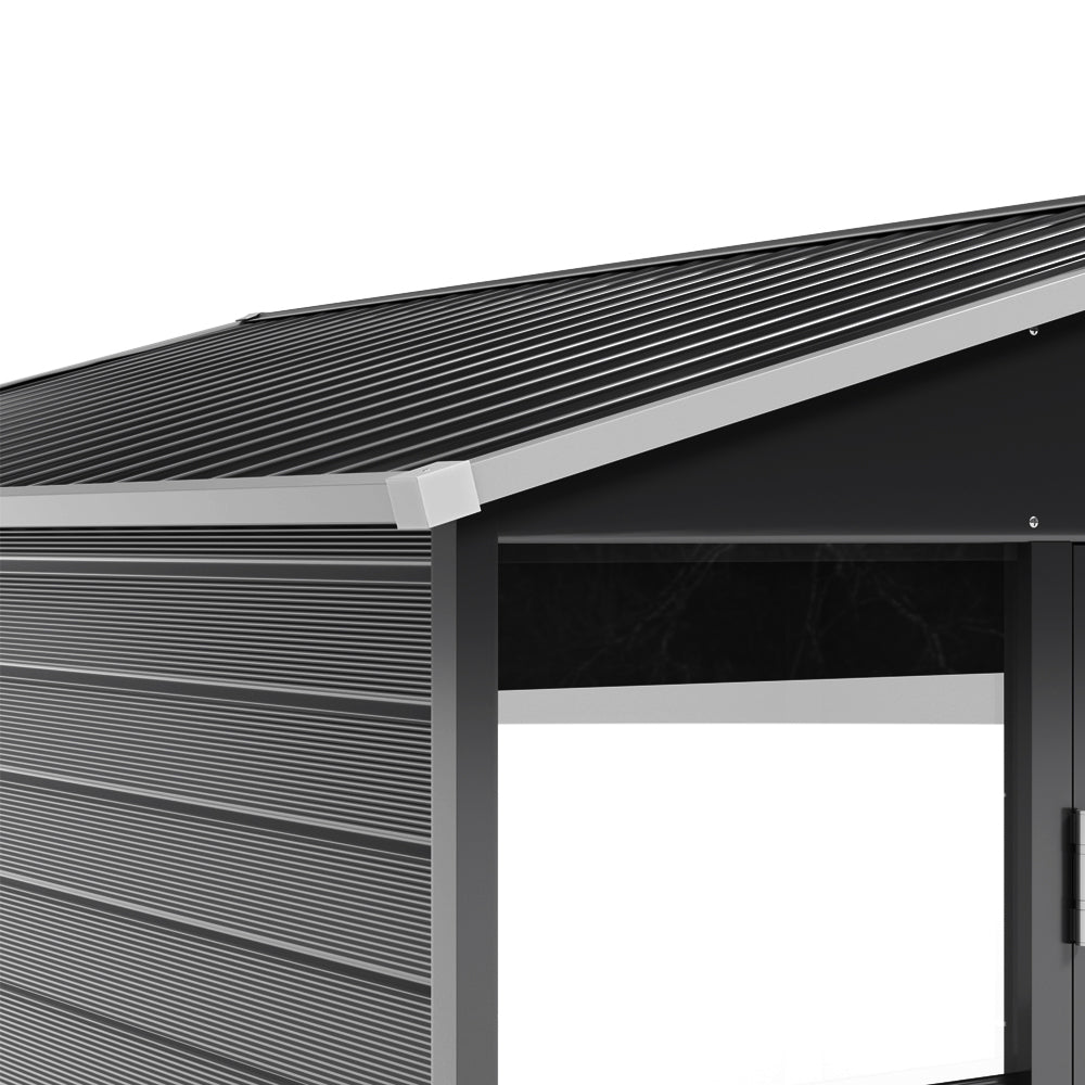 8.08 ft x 8.53 ft Durable Charcoal Steel Garden Tool Shed with Windows, Ventilation, and Shelving – Spacious, Secure Storage for Outdoor Equipment