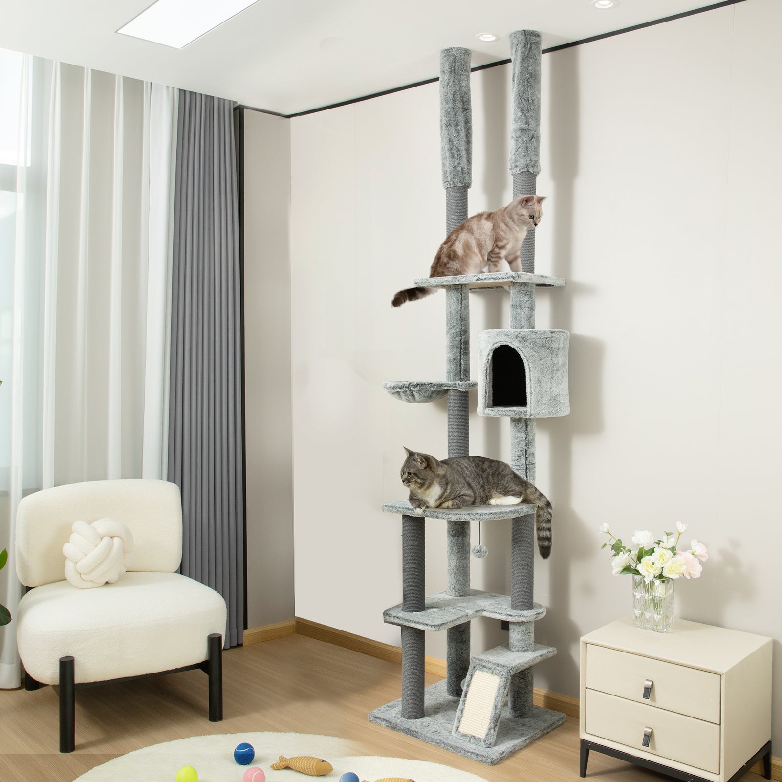 225-255cmh Floor-to-ceiling Cat Tree For Indoor Cats W/ Condo Ramp