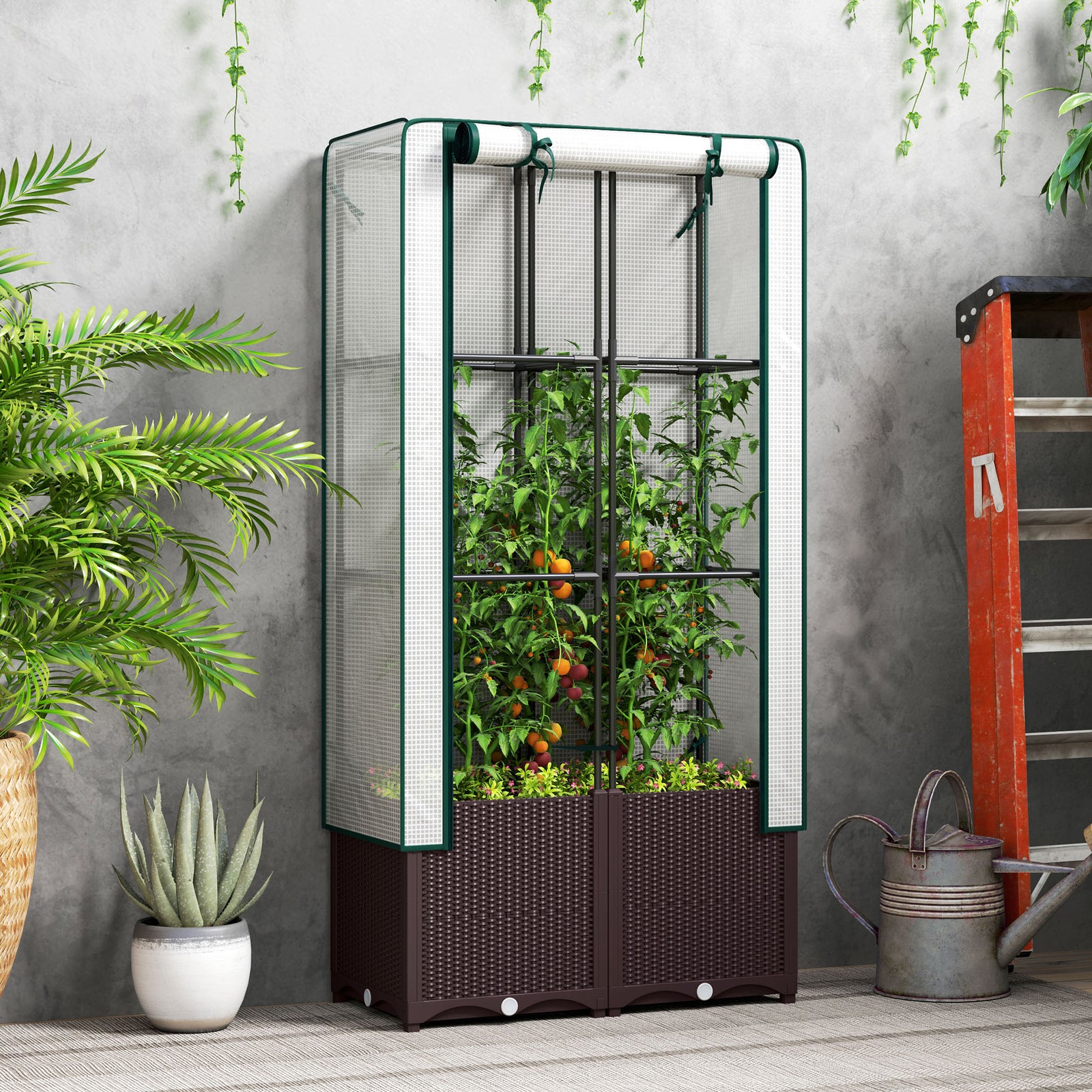 Raised Garden Bed With Trellis, Plastic Planter Box
