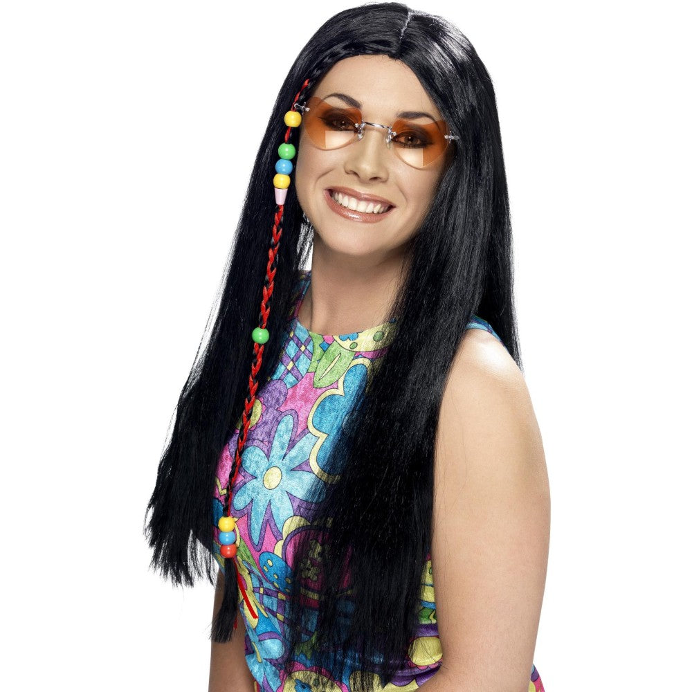 Hippy Party Wig With Beads | Black