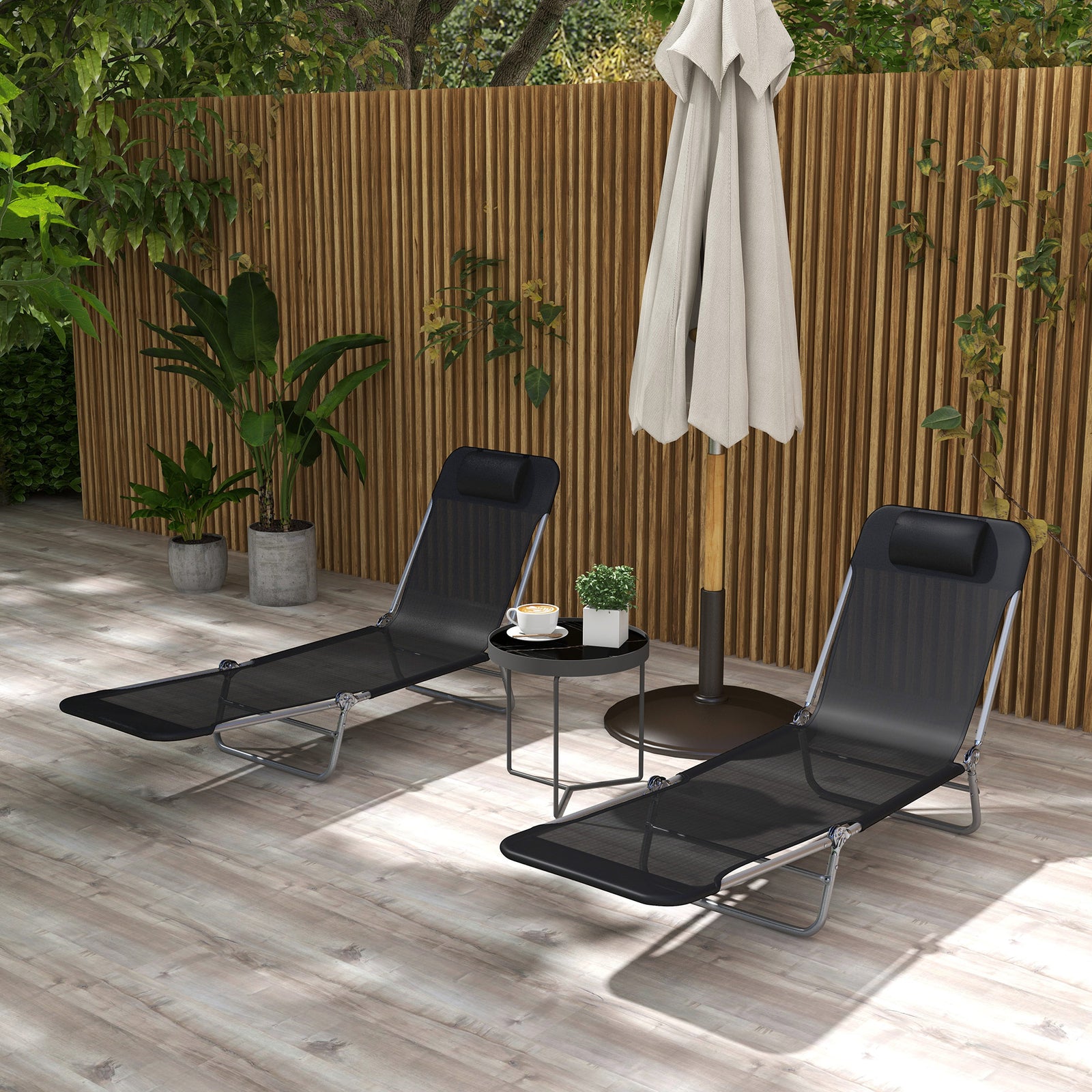 Set Of 2 Outdoor Foldable Loungers W/ Adjustable Back | Black