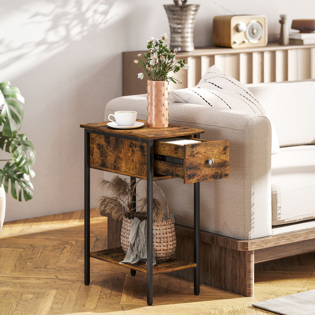 HOMCOM Industrial Slim End Table Nightstand For Small Spaces Rustic Brown