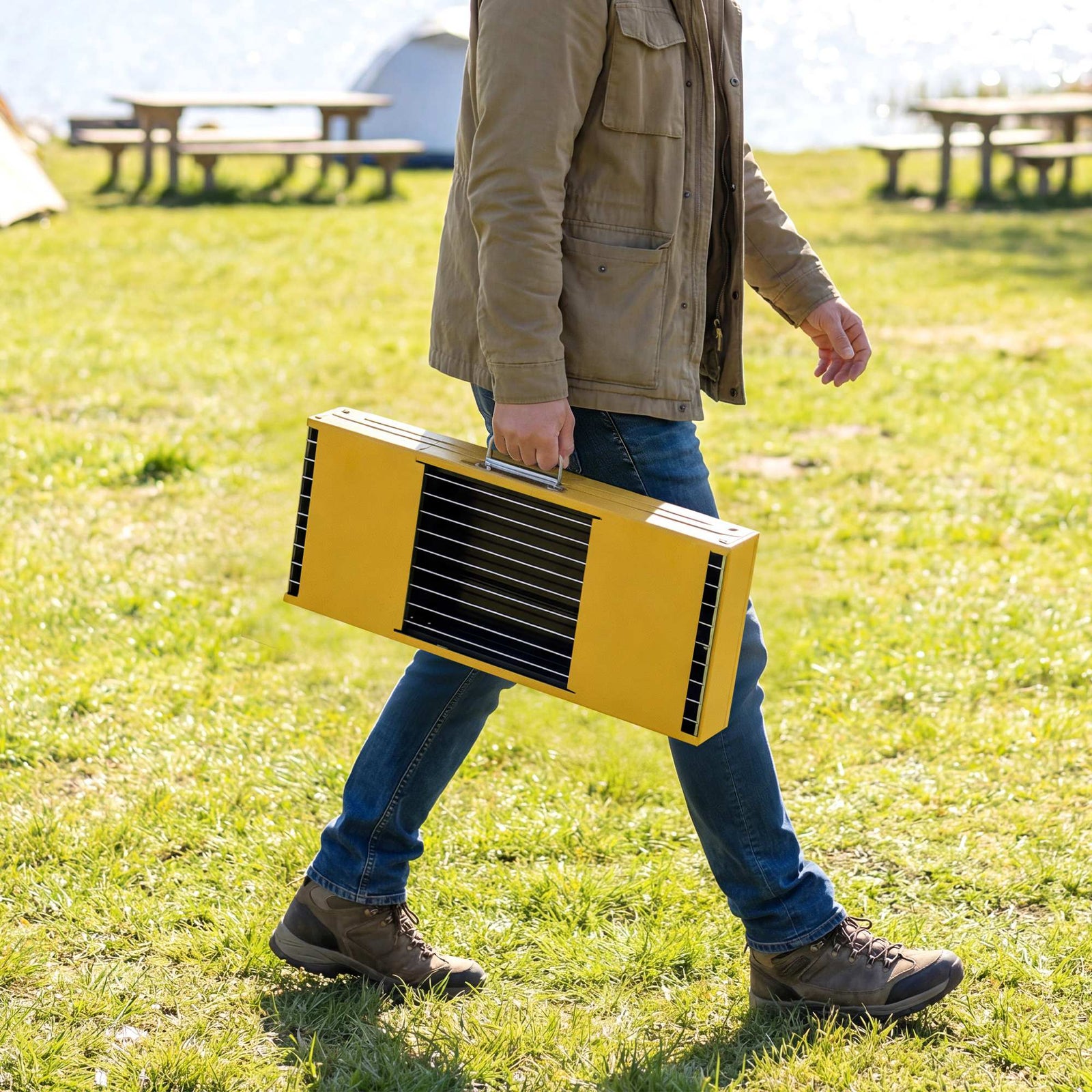 Bbq Grill, Charcoal Barbecue With 2 Side Shelves And Handle | Yellow
