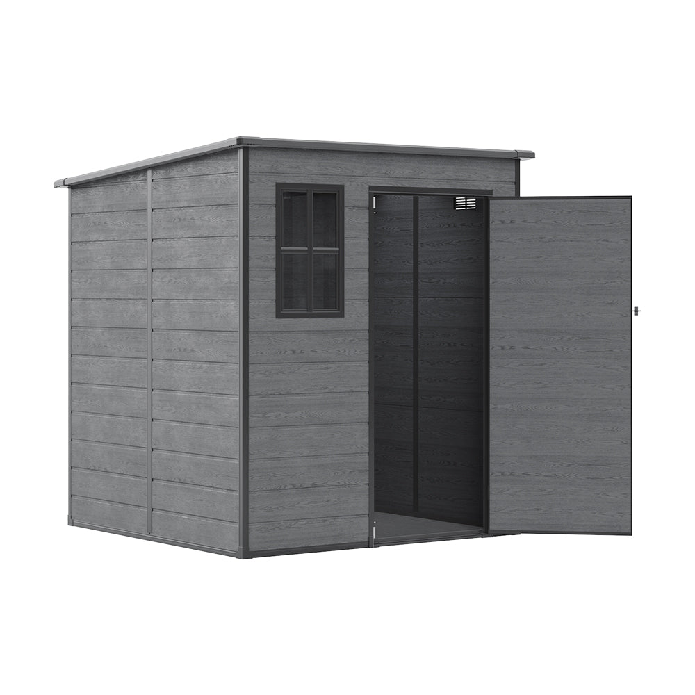6 X 6ft Outdoor Storage Shed With Pent Roof, Pp Plastic Garden Shed With Window & Vent,  Waterproof Uv-resistant Tool Storage In Dark Grey Woodgrain