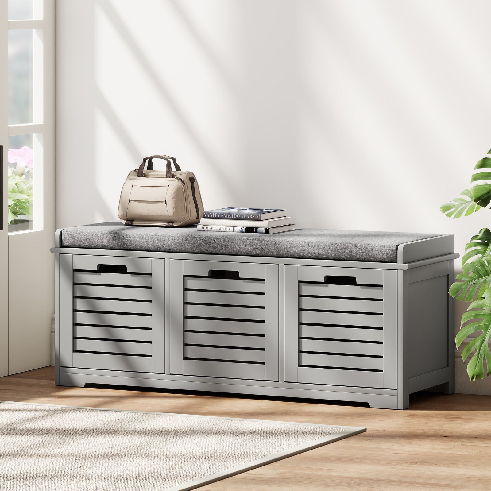 3-door Shoe Storage Bench Cushion Seat Slatted Doors | Grey