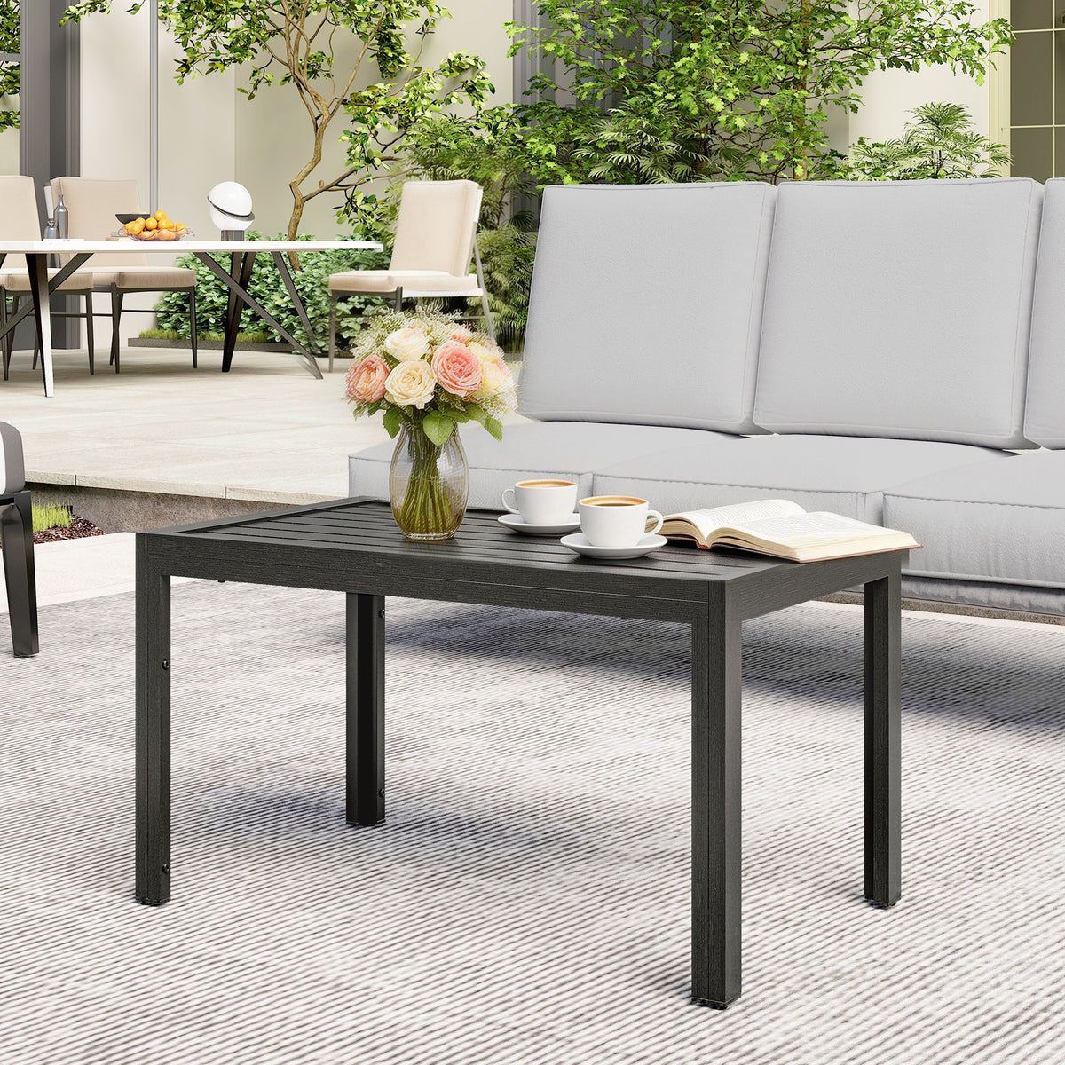 Outdoor Side Table Garden Table With Steel Frame And Slat Top Grey Wood