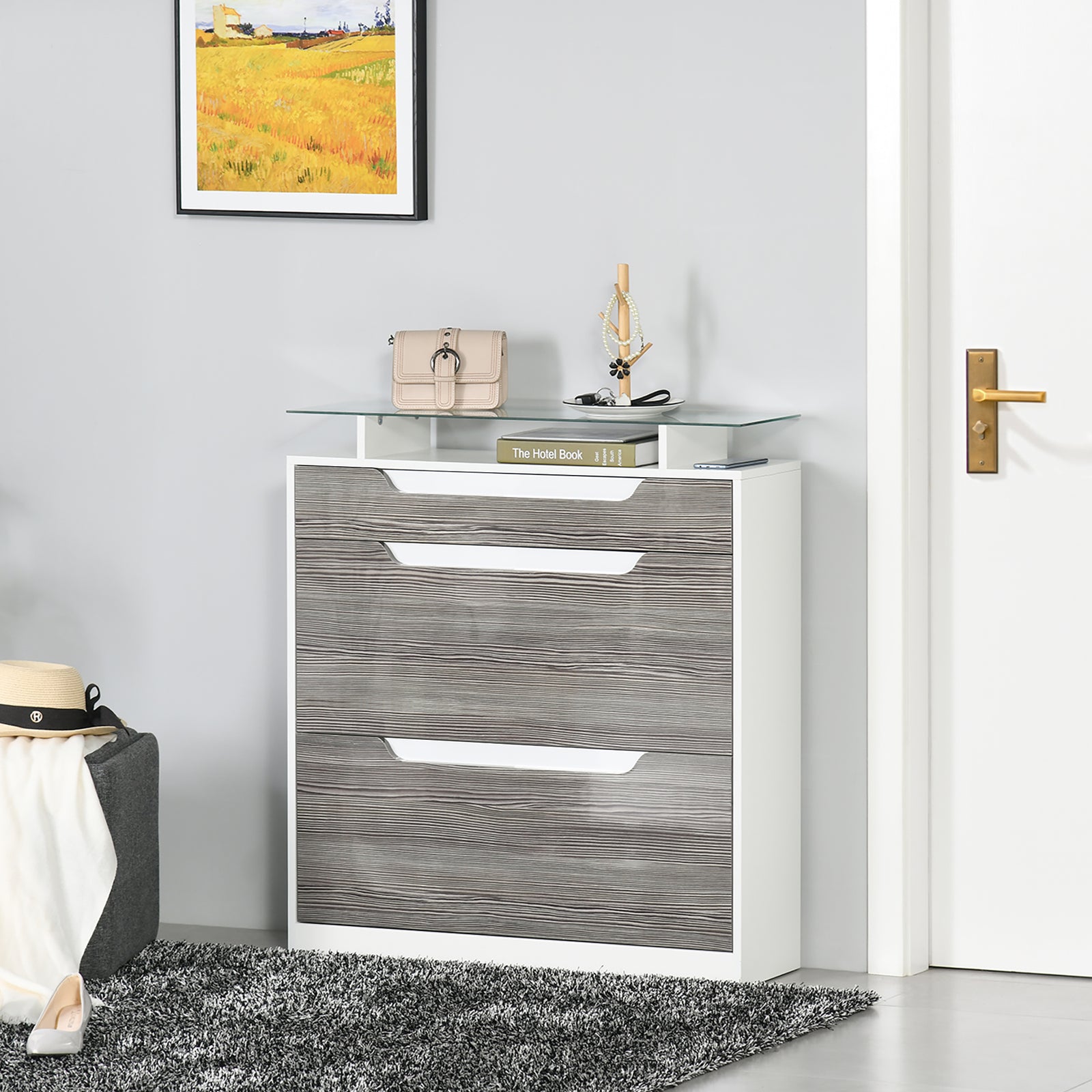 Shoe Cabinet W/ 3 Drawers, High Gloss Front Panels Glass Top | One Size | Gray