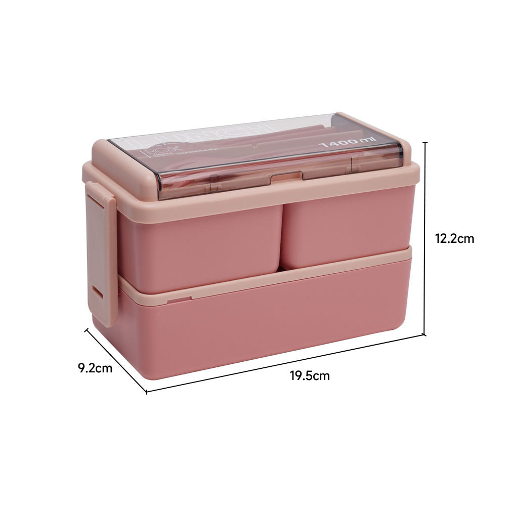 Dual-layer Plastic Bento Lunch Box With Cutlery | Pink