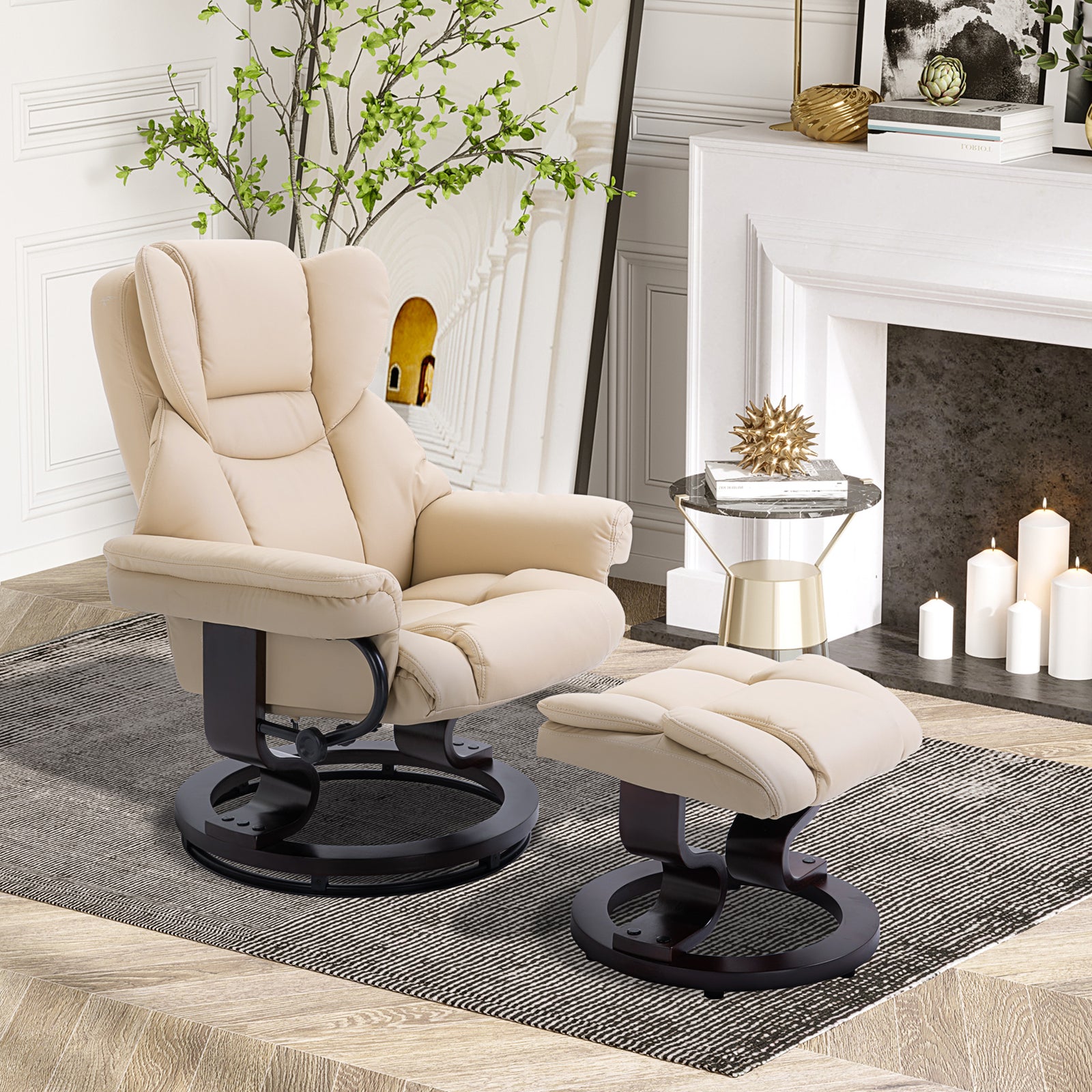 Pu Leather Manual Reclining Armchair Footstool Padded Seat | One Size | Cream