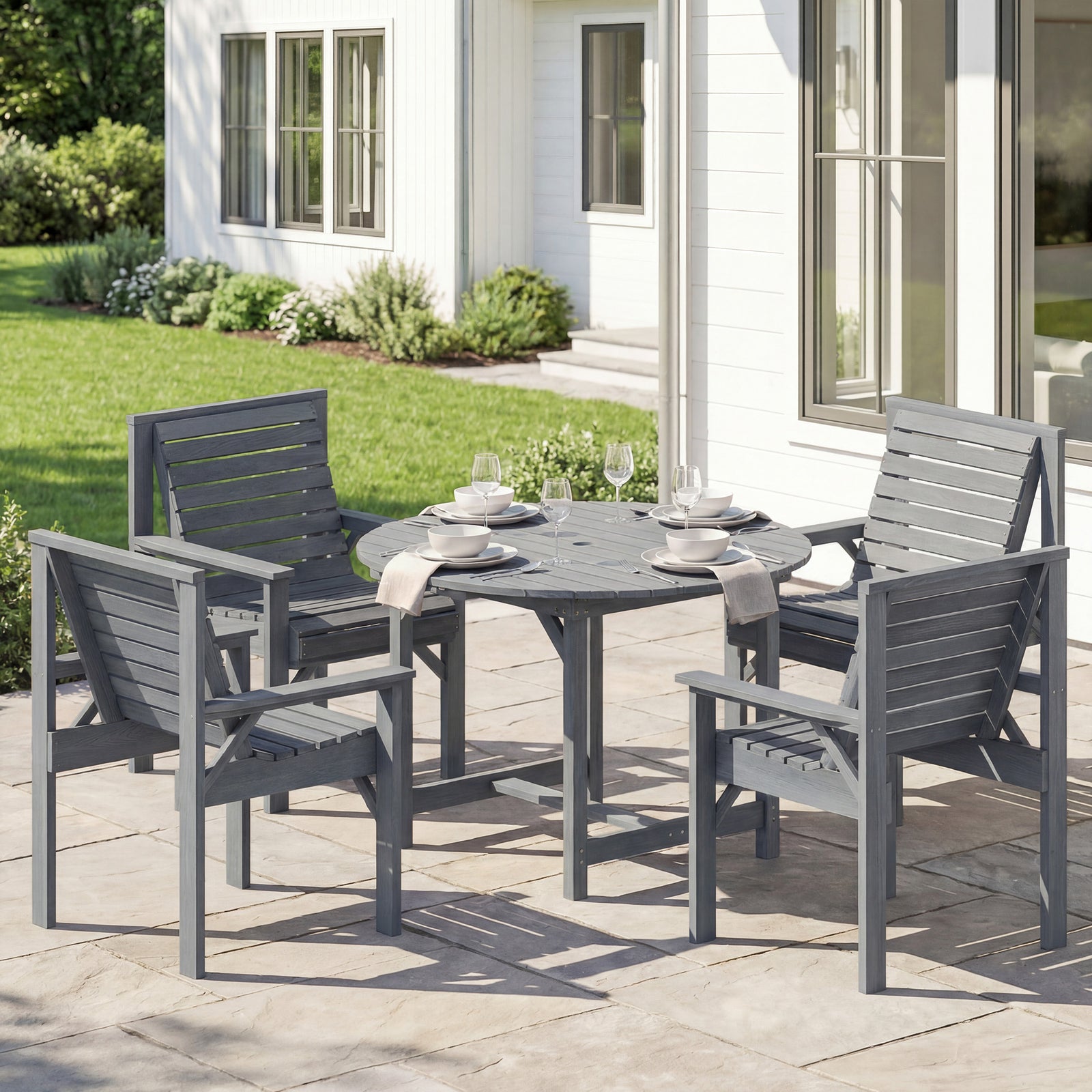 Garden Dining Set, Round Table And Chairs W/ Parasol Hole | Grey
