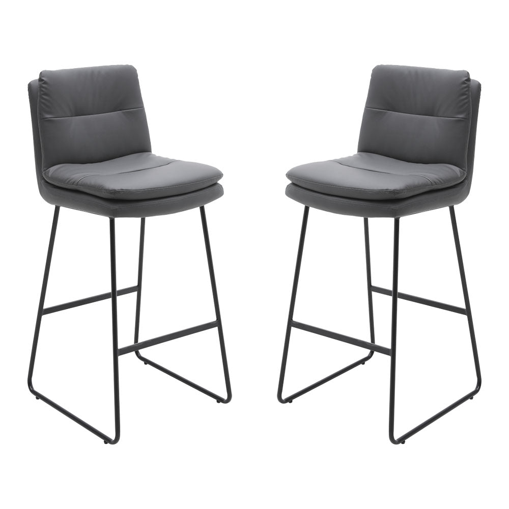 Set Of 2 Pu Leather Bar Stools – Modern Counter Chairs With Double-layer Cushion & Black Metal Legs | Grey