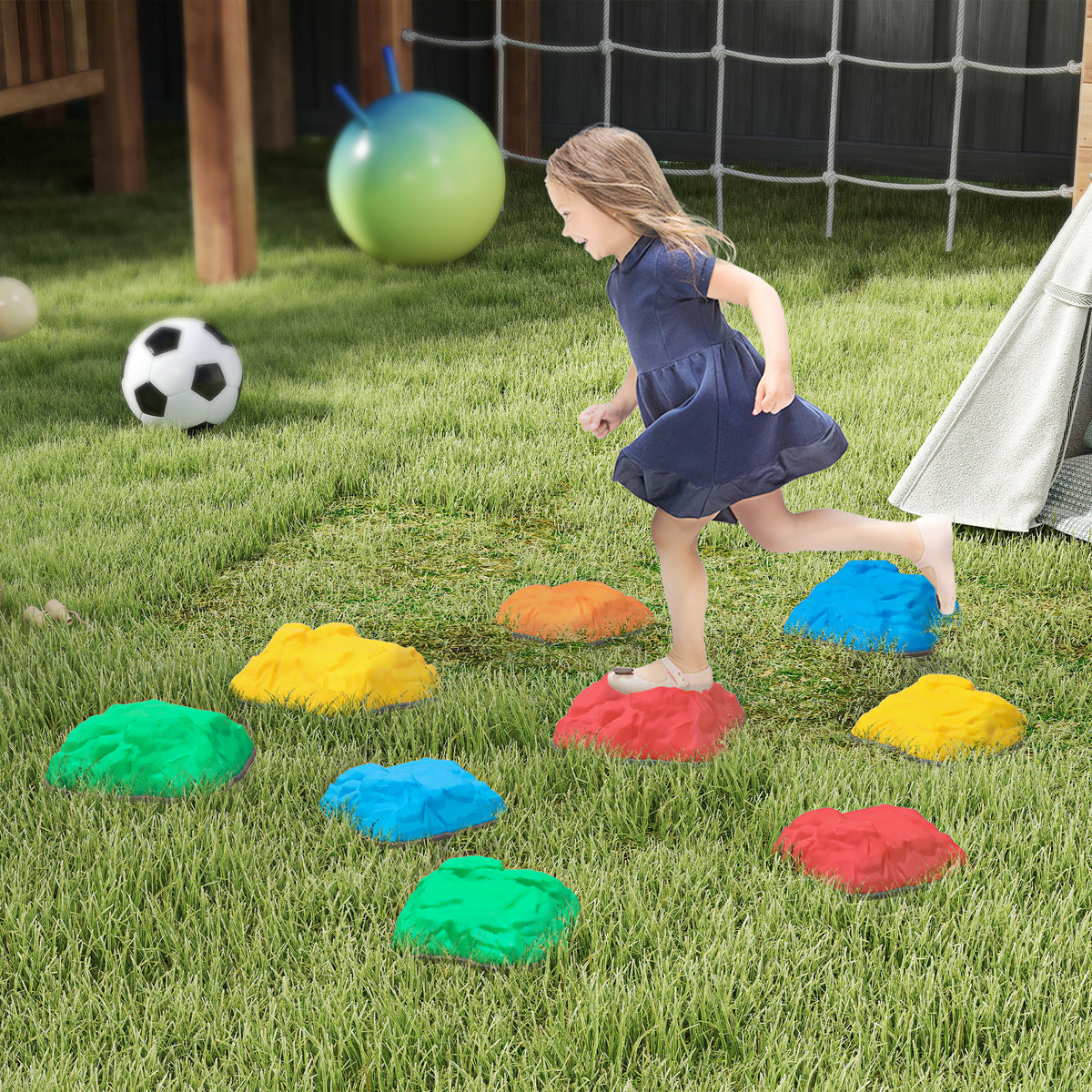 Balance Stepping Stones For Kids, River Stones With Non-slip Bottom | Set of 9 | Multi
