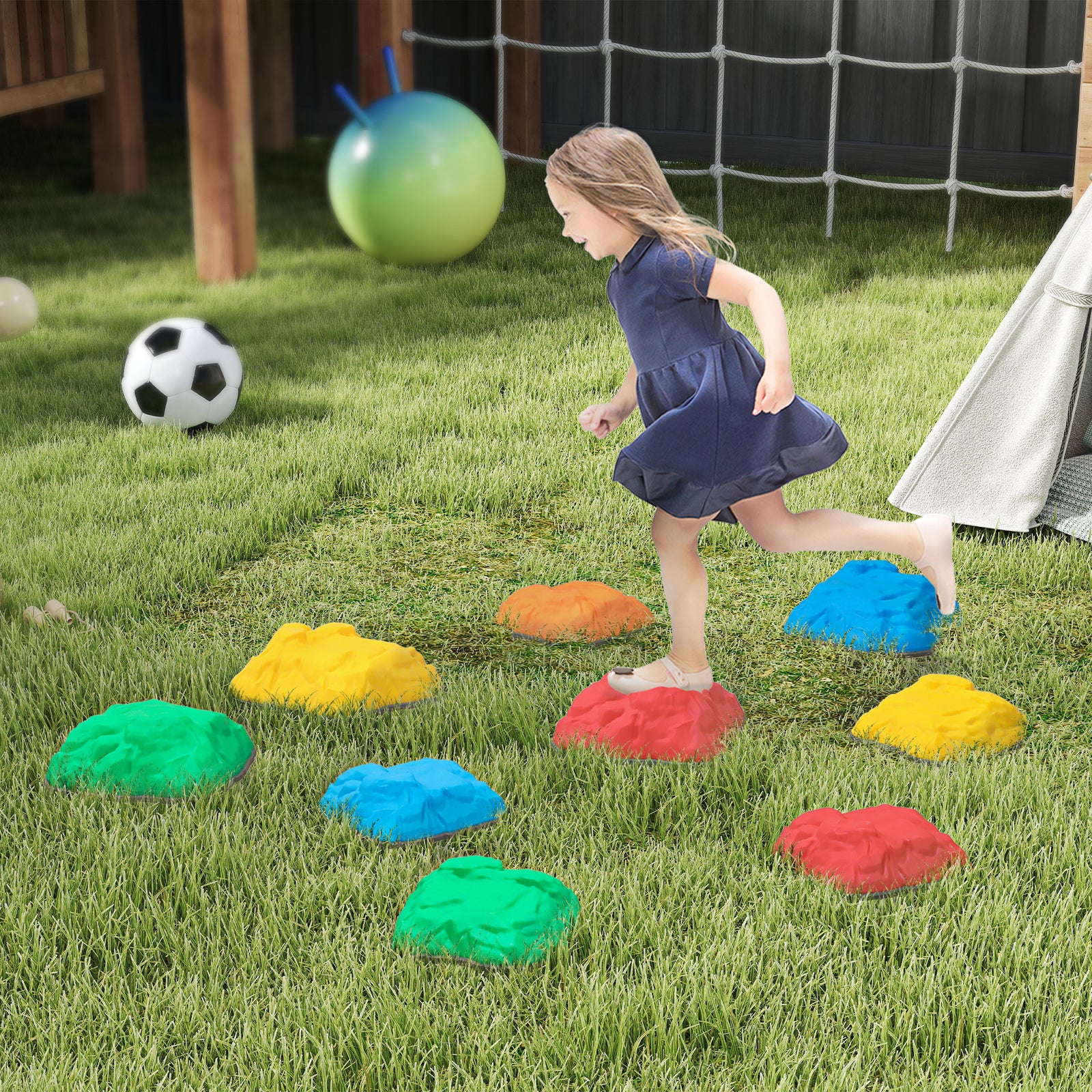 Balance Stepping Stones For Kids, River Stones With Non-slip Bottom | Set-of-9 | Blue & Yellow