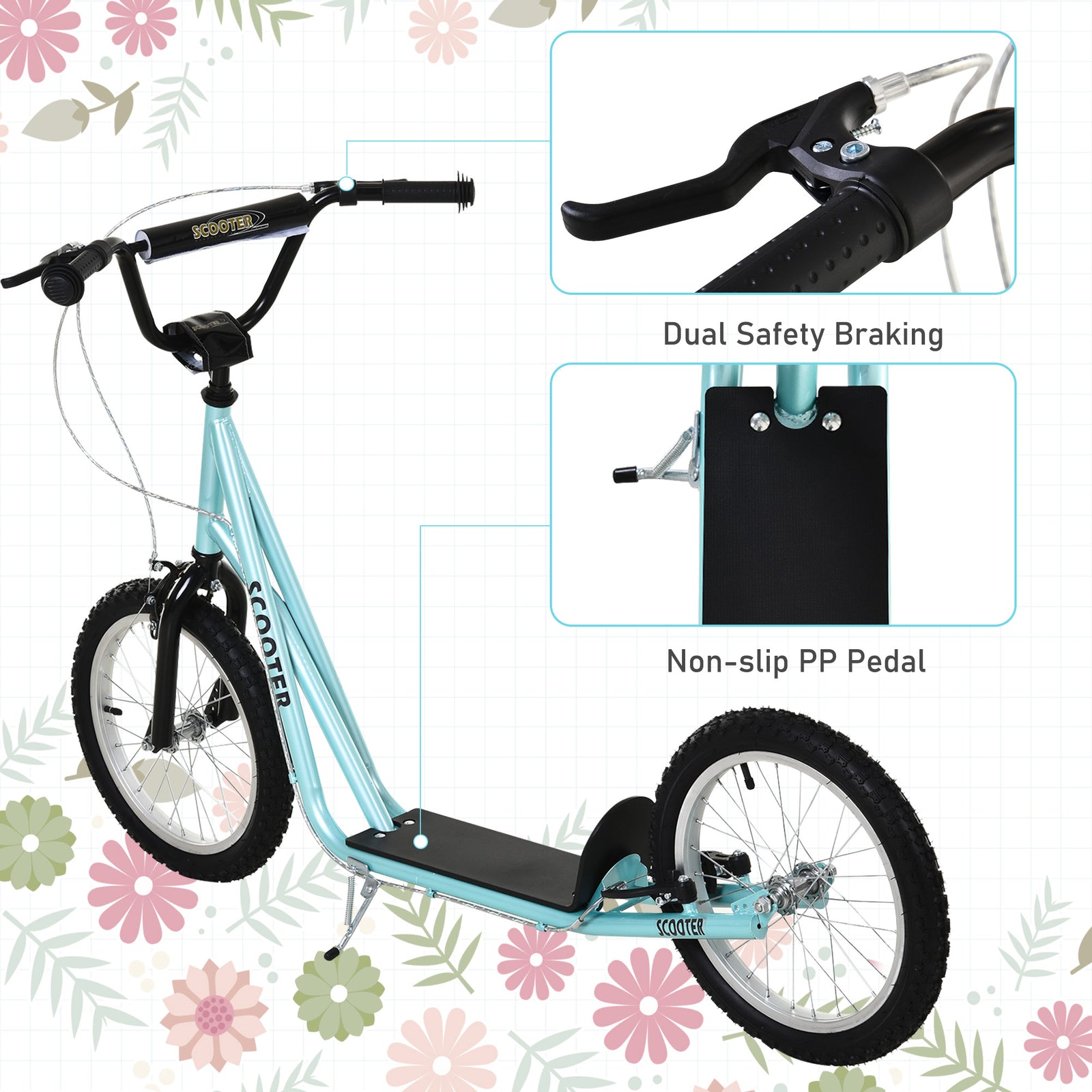 90-96cm Kids Kick Scooter W/ Adjustable Handlebar Inflatable Wheels | Blue