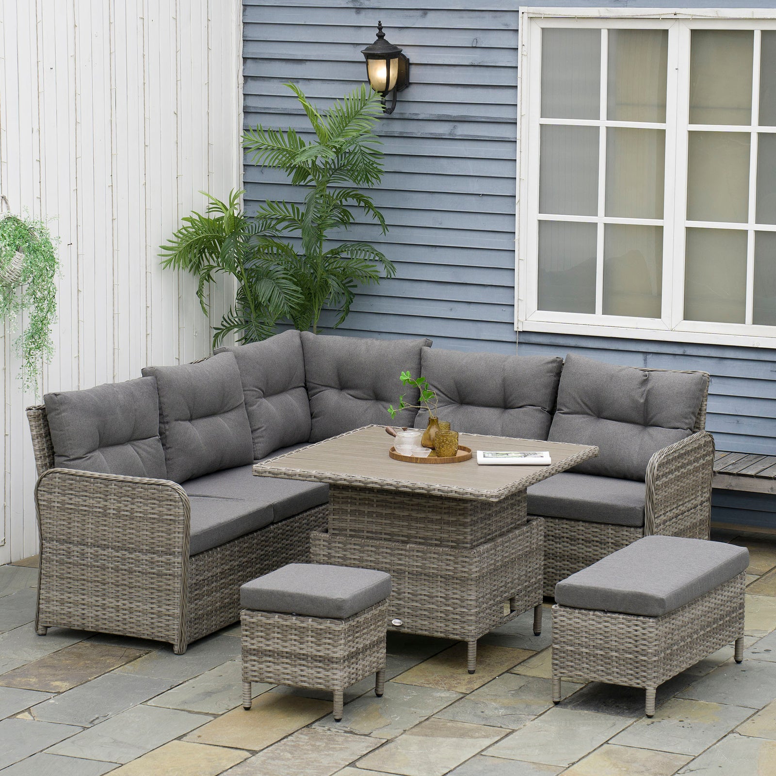 6 Pcs Patio Pe Rattan Furniture Corner Sofa