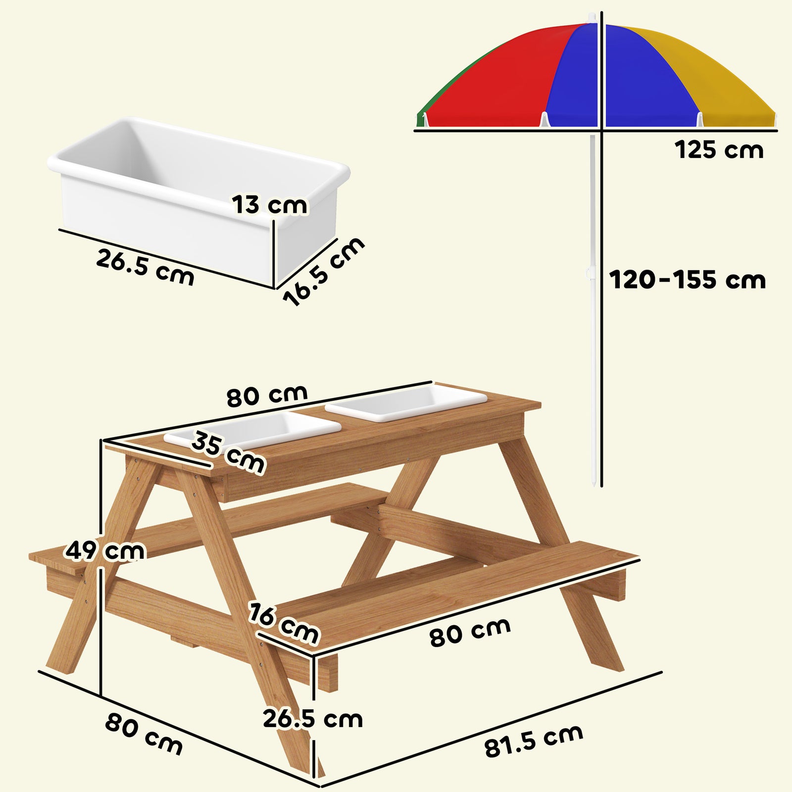 Kids Picnic Table, Sand And Water Table With Wooden Bench, Parasol, Storage Bins