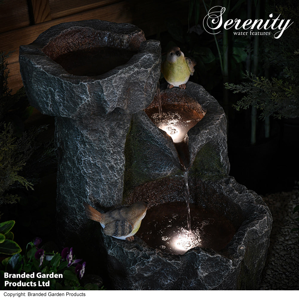 Cascading Rock Water Feature With Two Birds