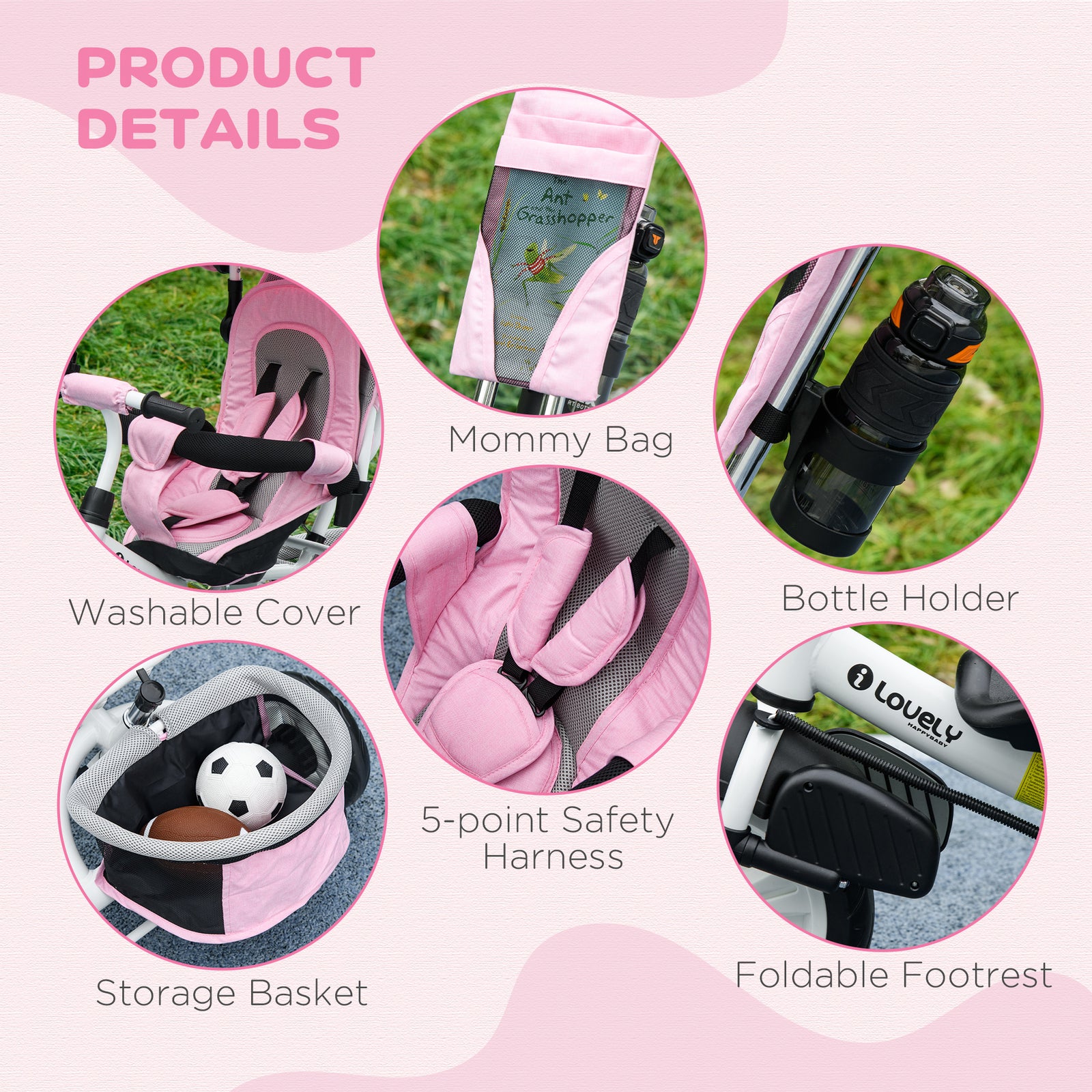 6 In 1 Kids Trike, Stroller With Parent Handle | Pink